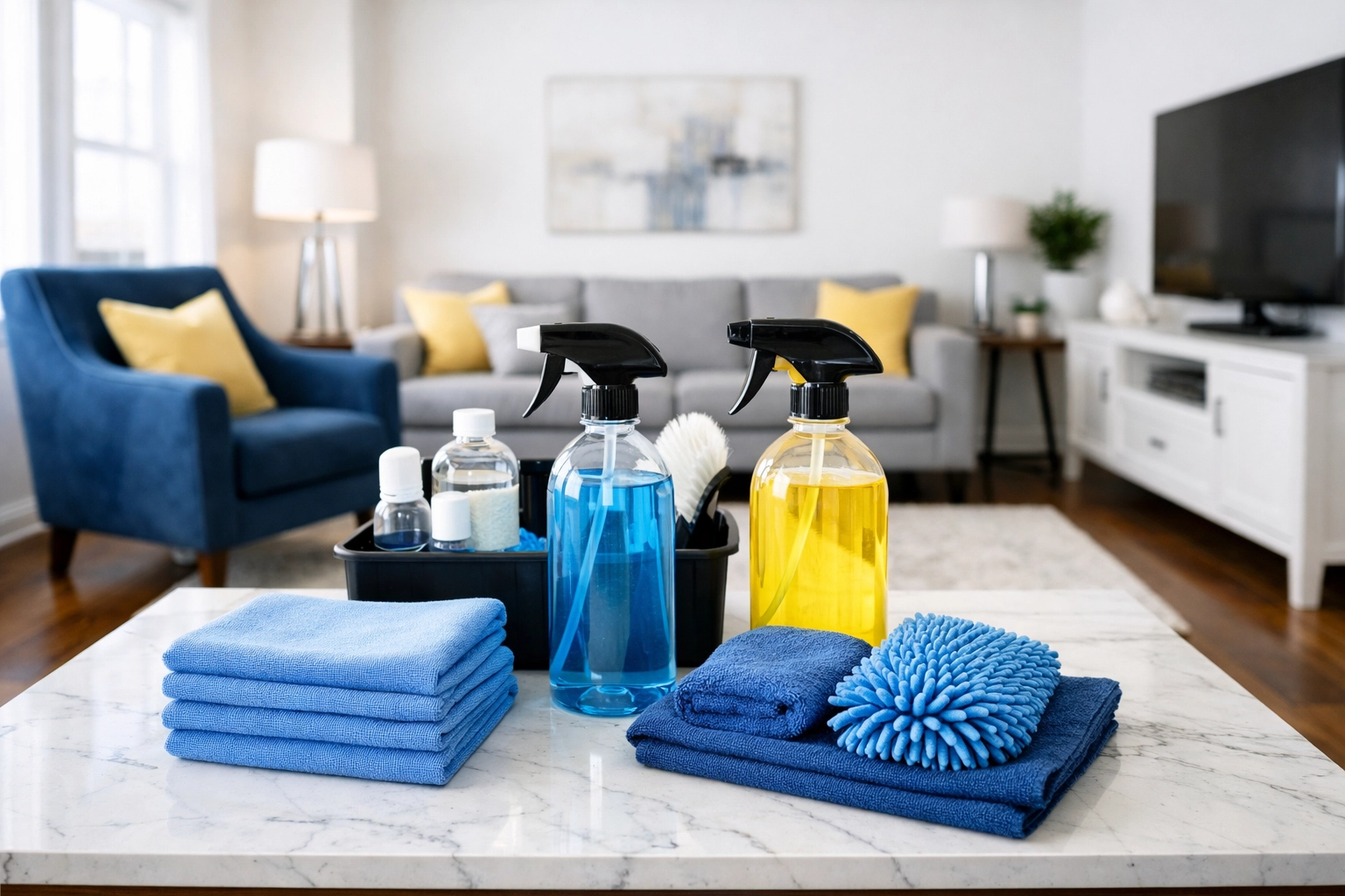 Professional cleaning kit in a bright, modern Leominster apartment living room with hardwood floors.