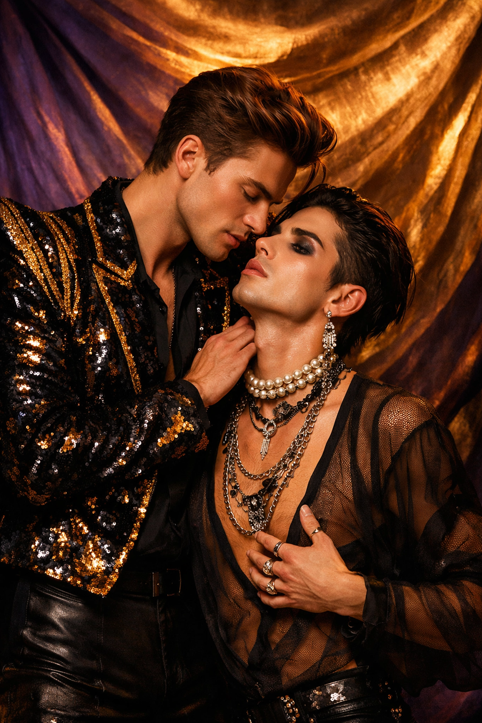 Gender-fluid fashion and sequins representing queer pop glamour and visual rebellion