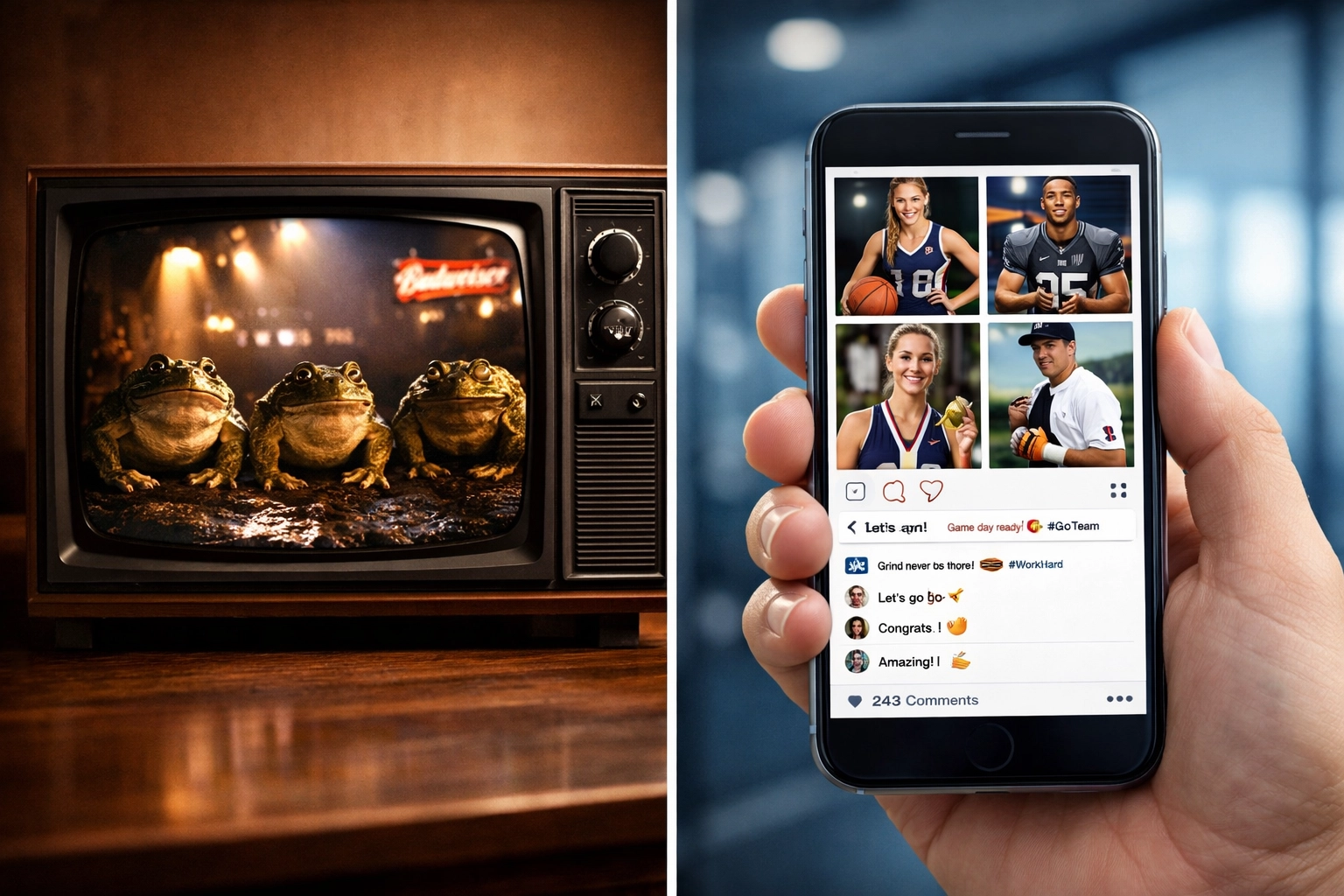 Traditional Super Bowl TV commercial compared to modern NIL athlete social media marketing posts