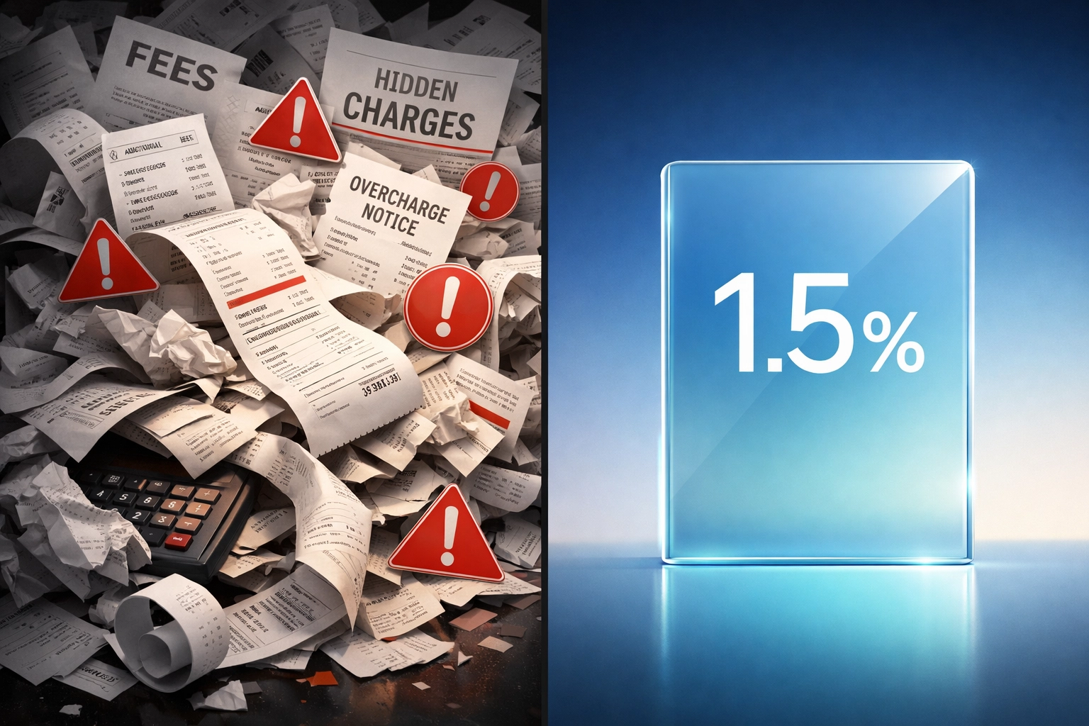 Comparison of traditional hidden payment fees versus Larecoin's simple 1.5% flat rate pricing