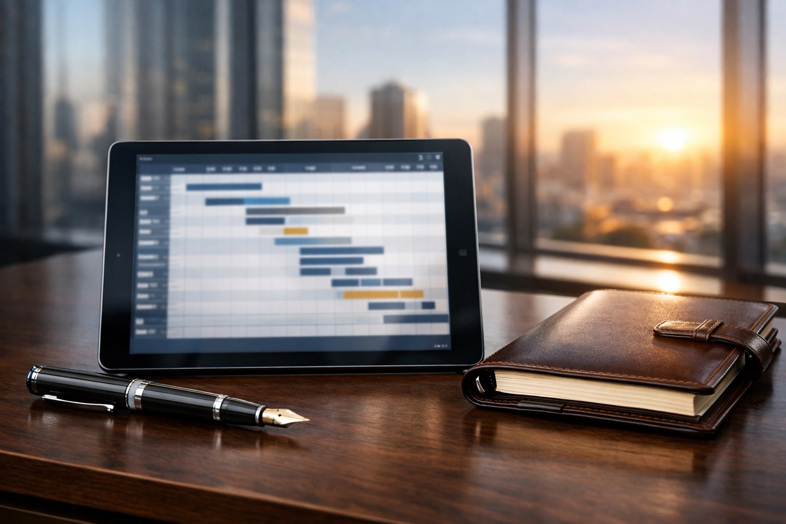 Executive workspace with a project timeline for strategic Super Bowl travel management.