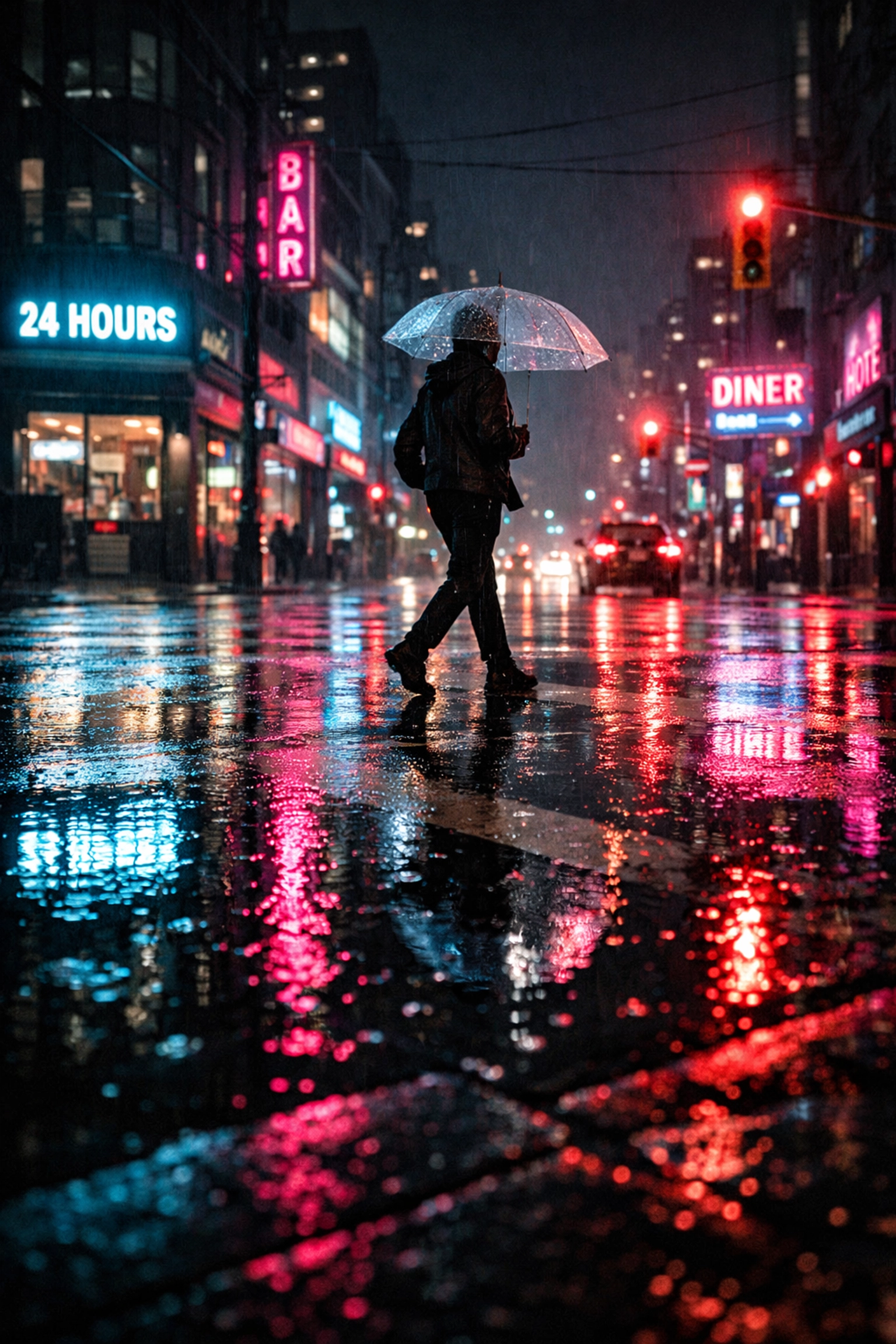 Cinematic urban night photography with reflections edited using modern photo editing techniques.