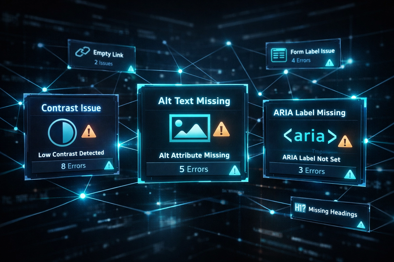 Accessibility testing dashboard showing violation types including contrast, alt text, and ARIA labels