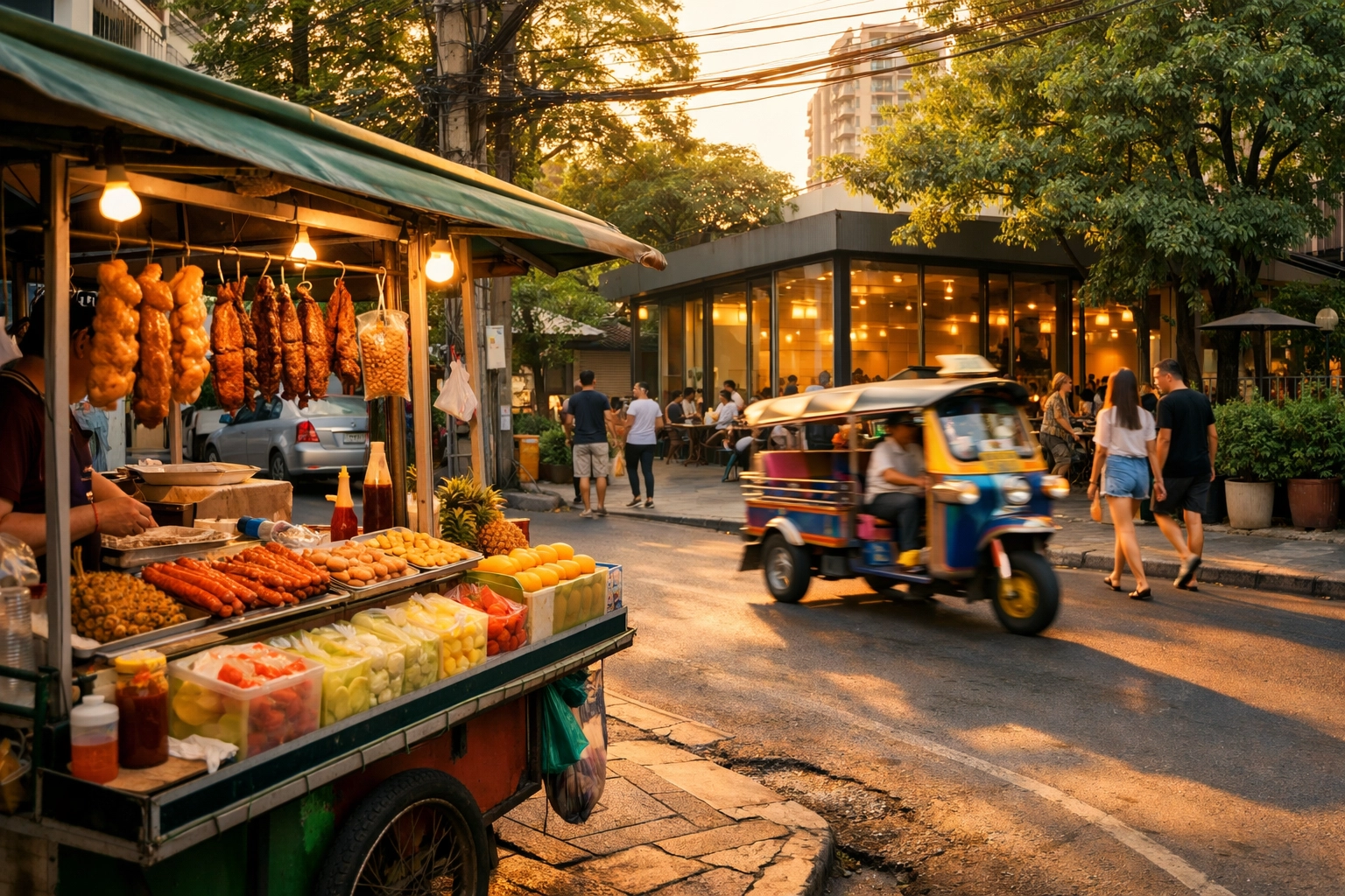Street food stalls and a local tuk-tuk in the trendy Soi Ari district of Bangkok at sunset.