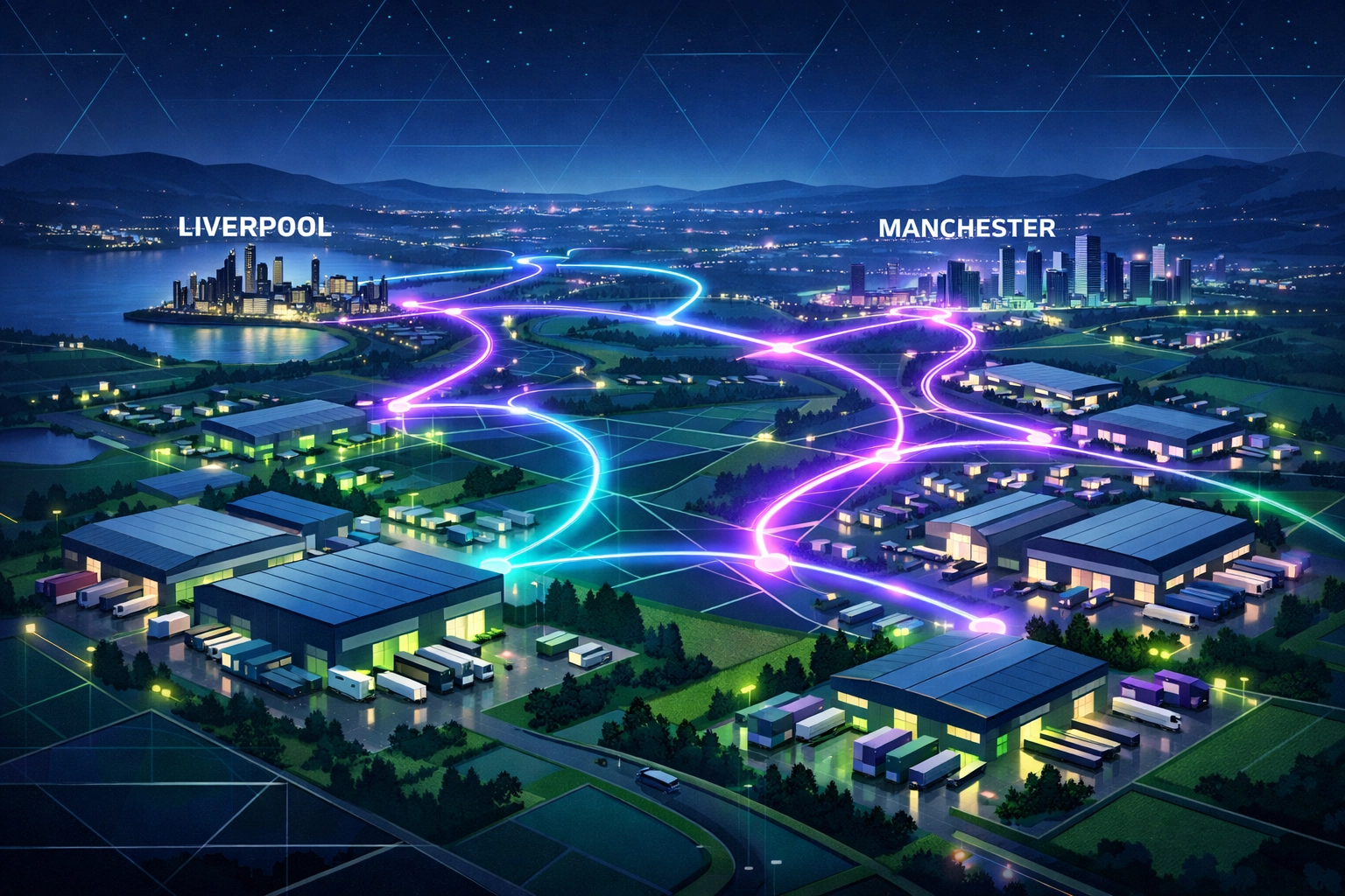 Aerial view of North West logistics warehouses and transport hubs in Manchester and Liverpool.