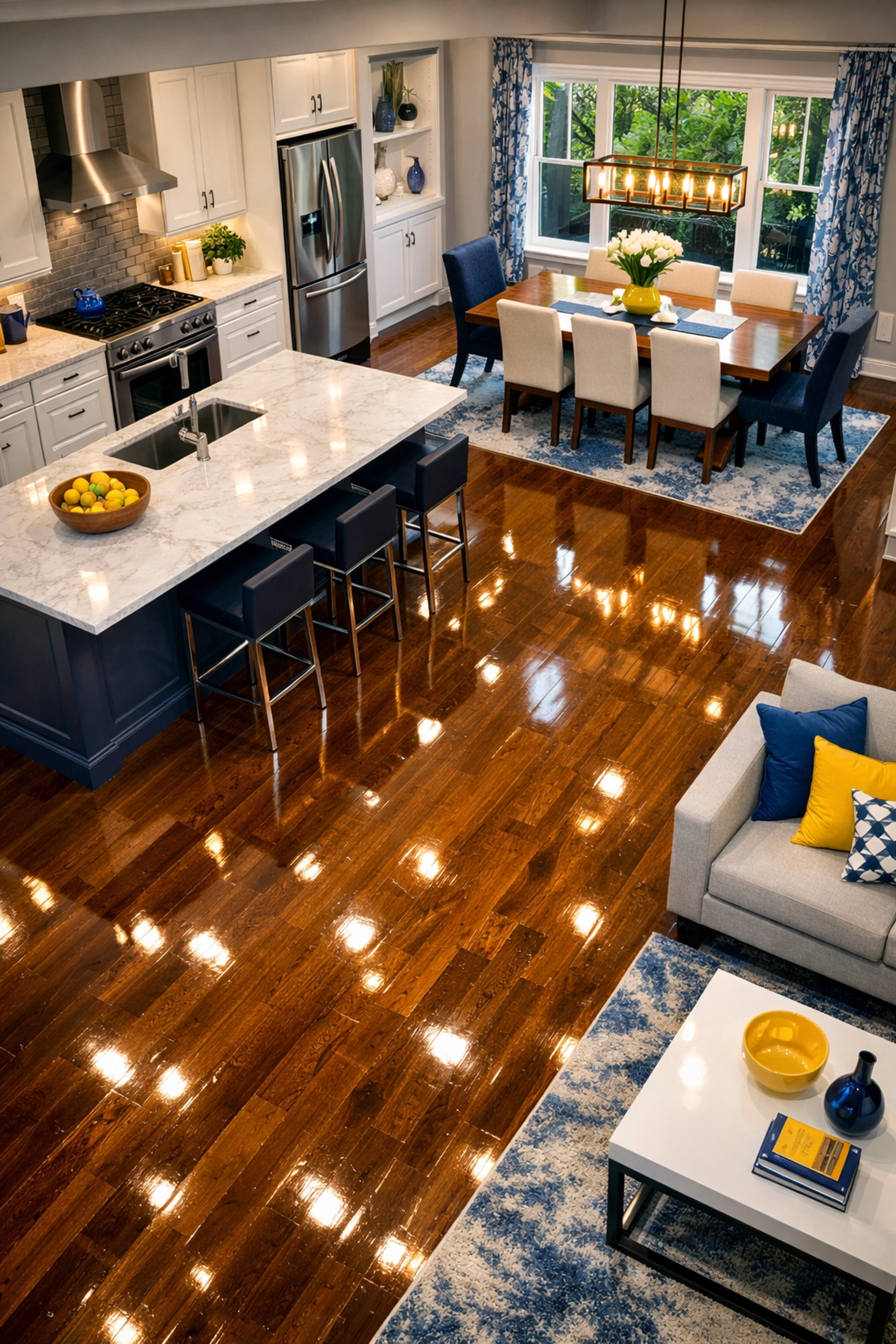 Polished hardwood floors and a glowing open-concept interior following professional house cleaning in Hudson.