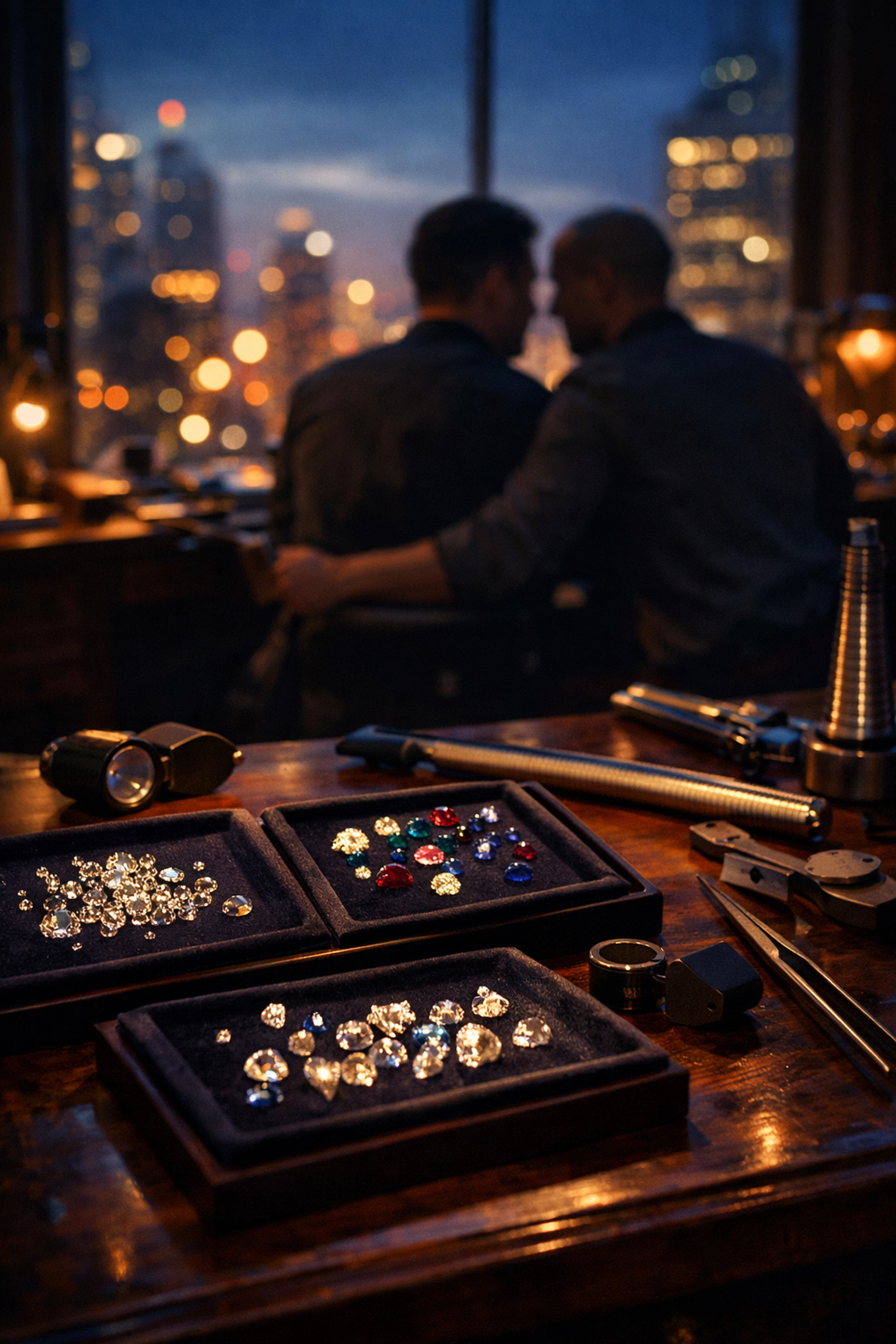 Luxury Diamond District jewelry atelier with sparkling gemstones and two jewelers working together