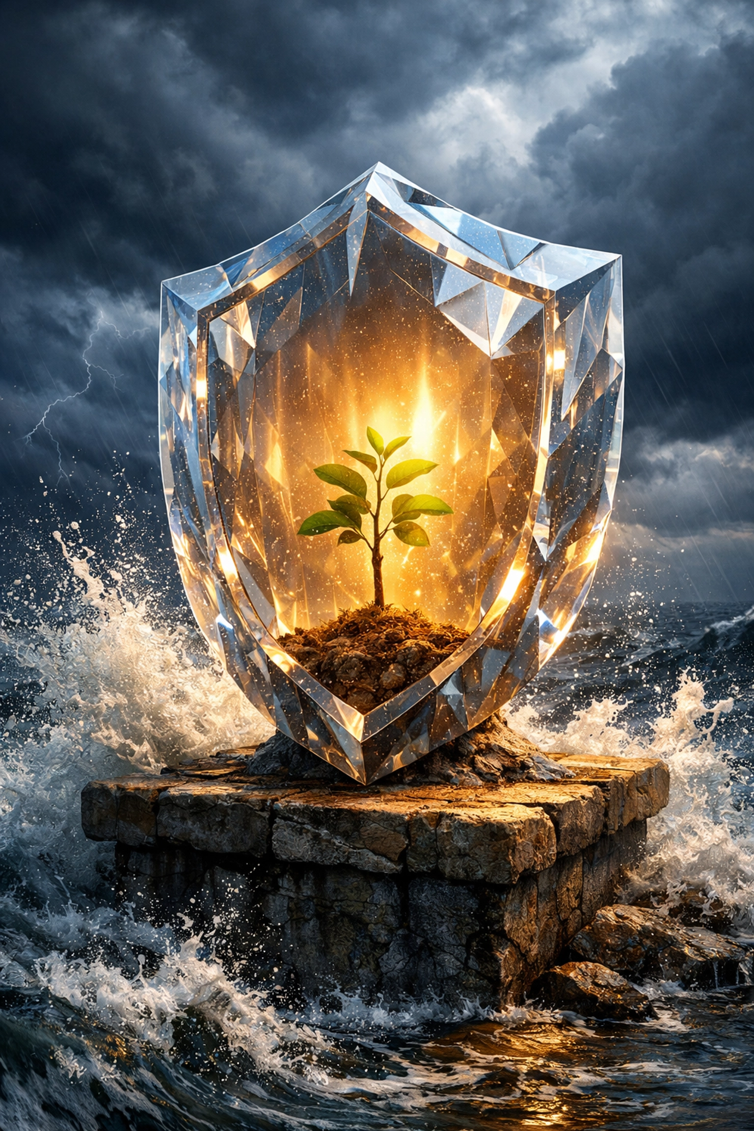 Protective shield guarding a sapling from a storm, representing G Fund security during federal retirement market volatility.