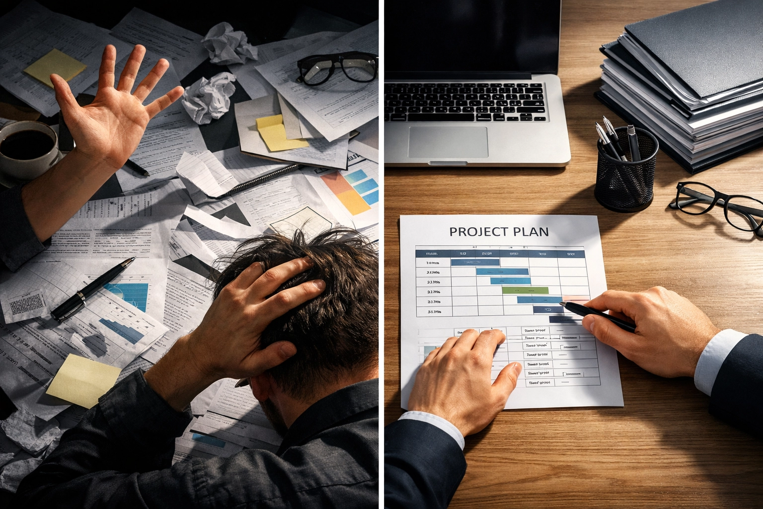 Comparison of chaotic workspace versus organized project planning demonstrating preparation value