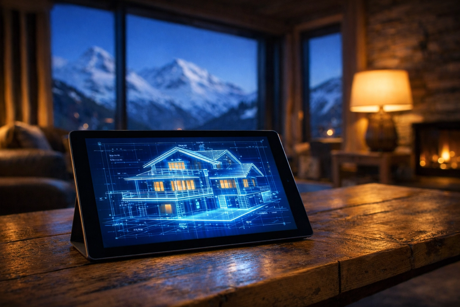 Digital construction plans on a tablet in a Verbier luxury chalet showcasing the eConstruction system.