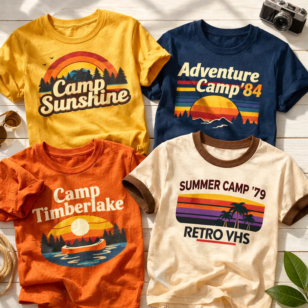 Retro summer camp t-shirts featuring rainbow gradients and vintage '70s sunset designs