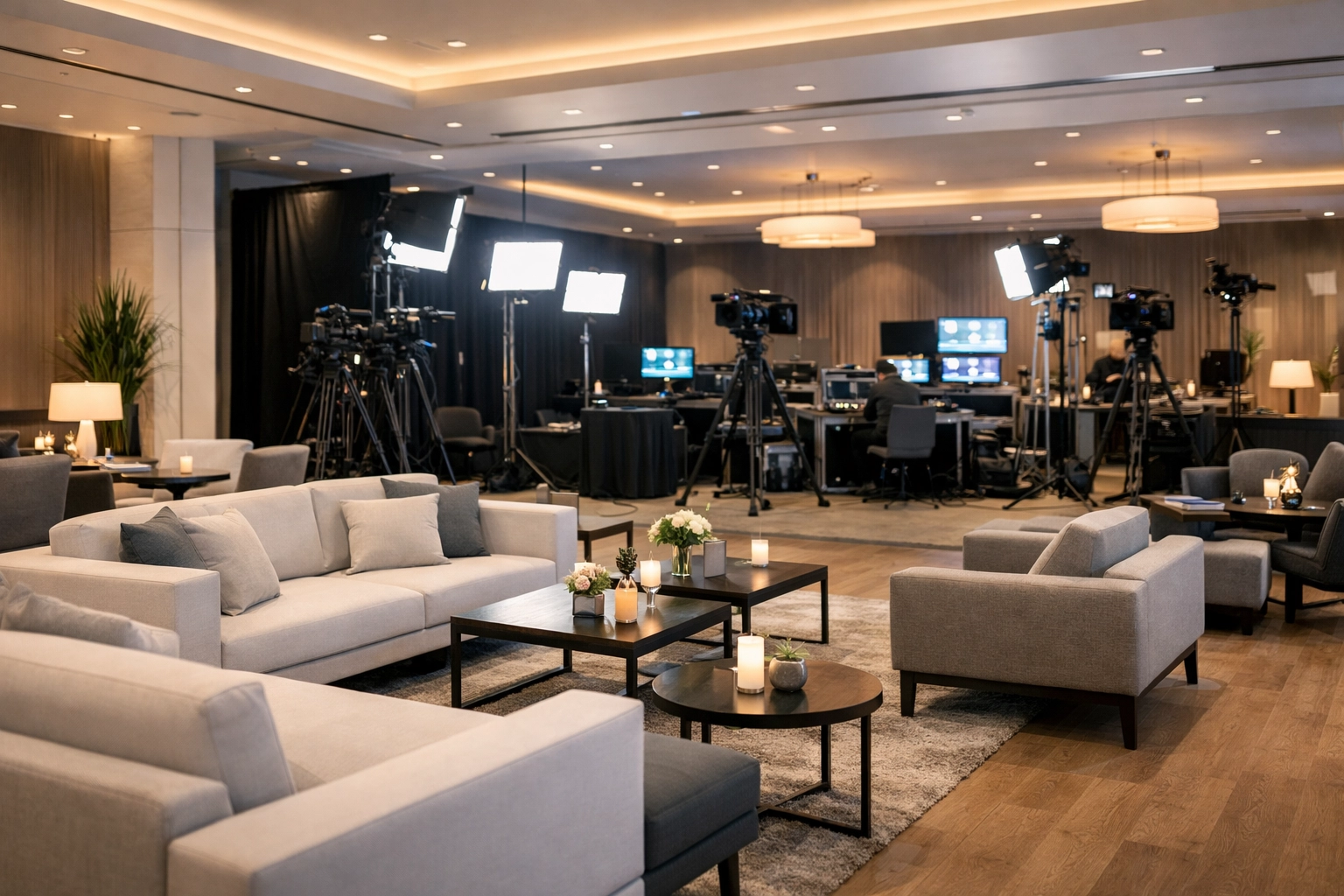 Modern corporate event venue interior featuring professional media production and consulting equipment.