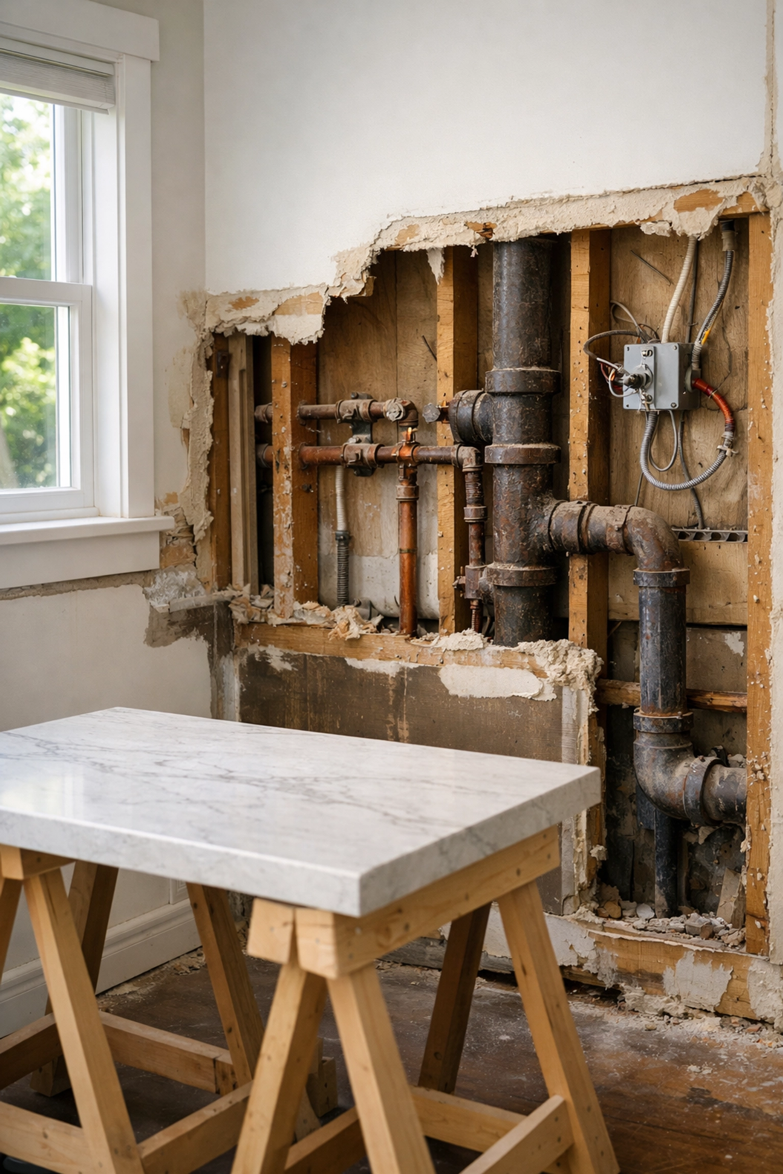 Vancouver kitchen renovation revealing hidden plumbing and wiring behind walls during demolition