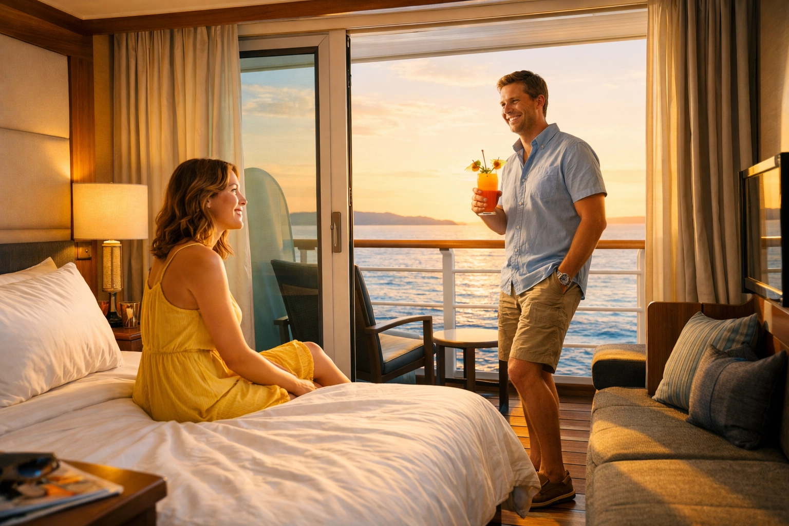 Couple relaxing in spacious cruise ship balcony cabin with ocean views at sunset