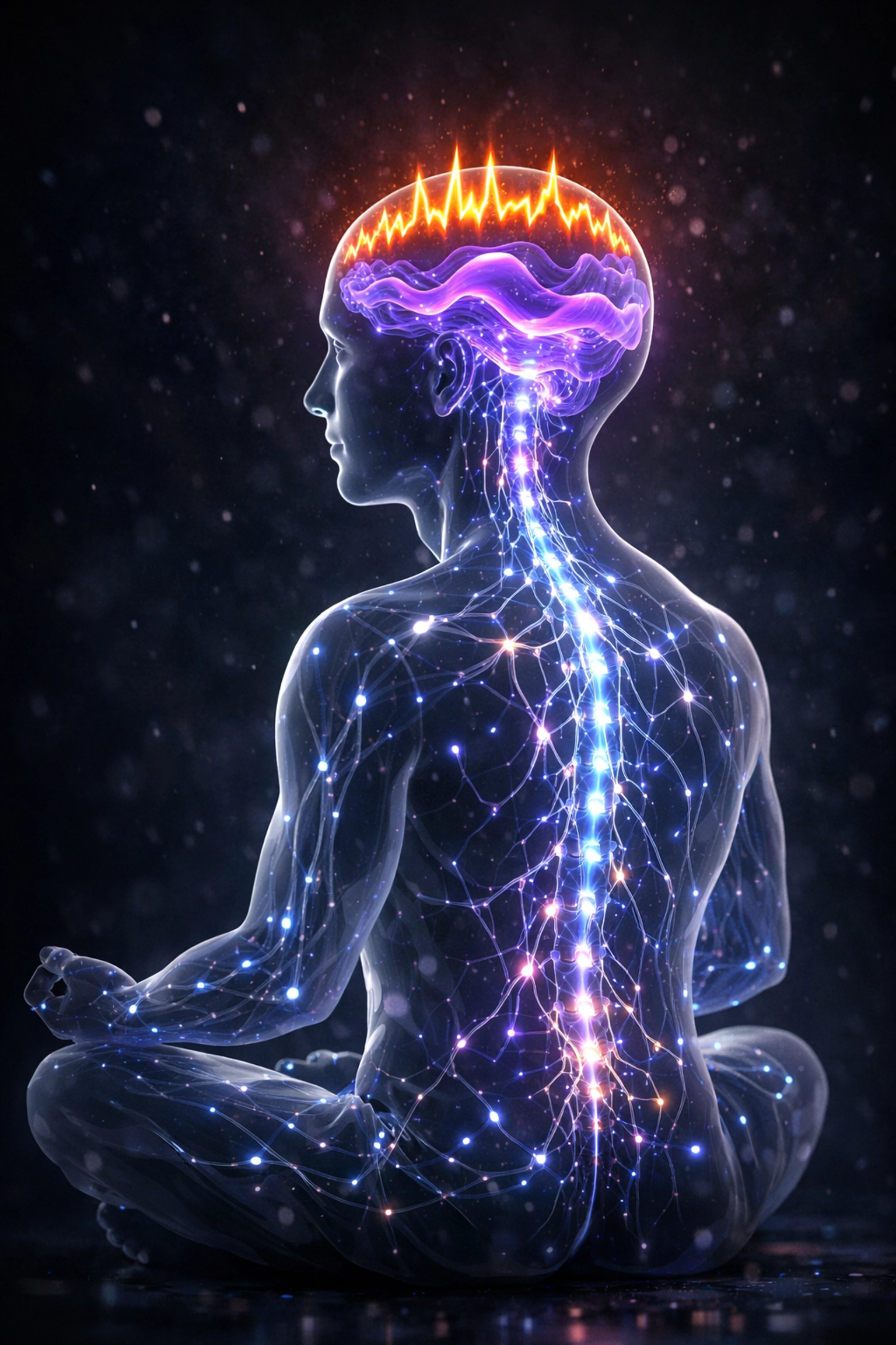 Visualization of brainwave entrainment showing the transition from beta to theta states during frequency therapy.