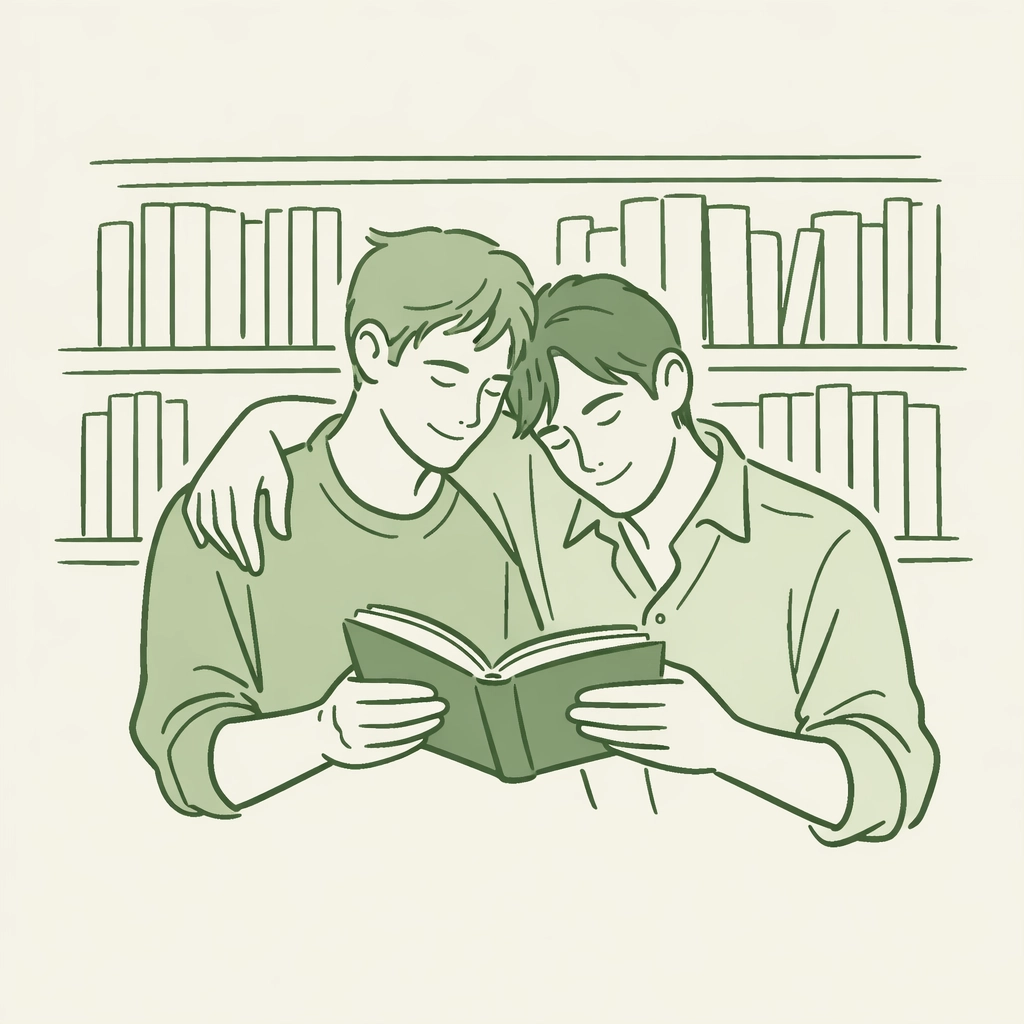 An MM couple reading gay fiction together, illustrating the power of queer books for self-discovery.