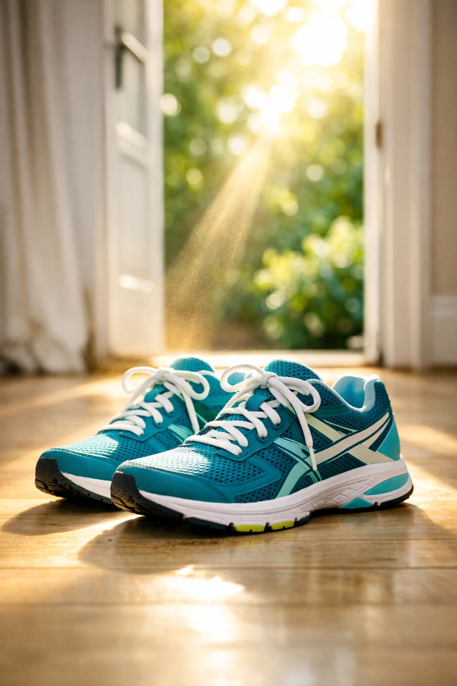 Running shoes in a sunlit doorway, highlighting the simplicity of starting a new fitness and wellness habit.
