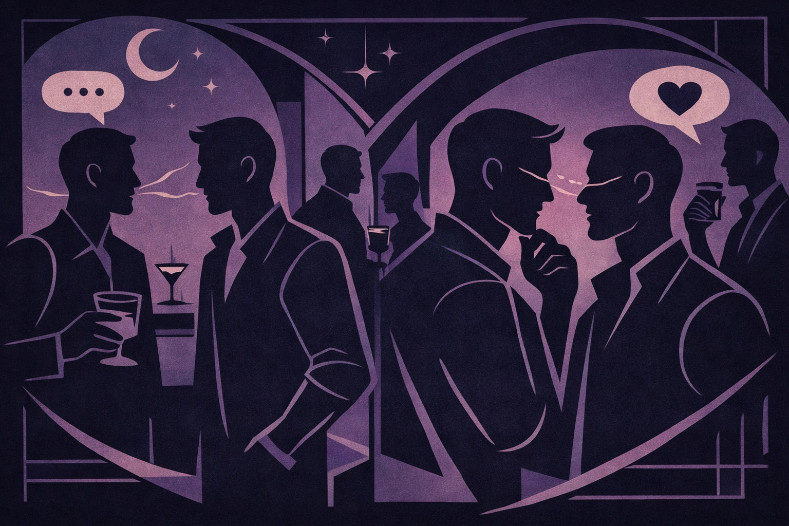 Gay men mingling and conversing at a social gathering illustrating cruising dynamics