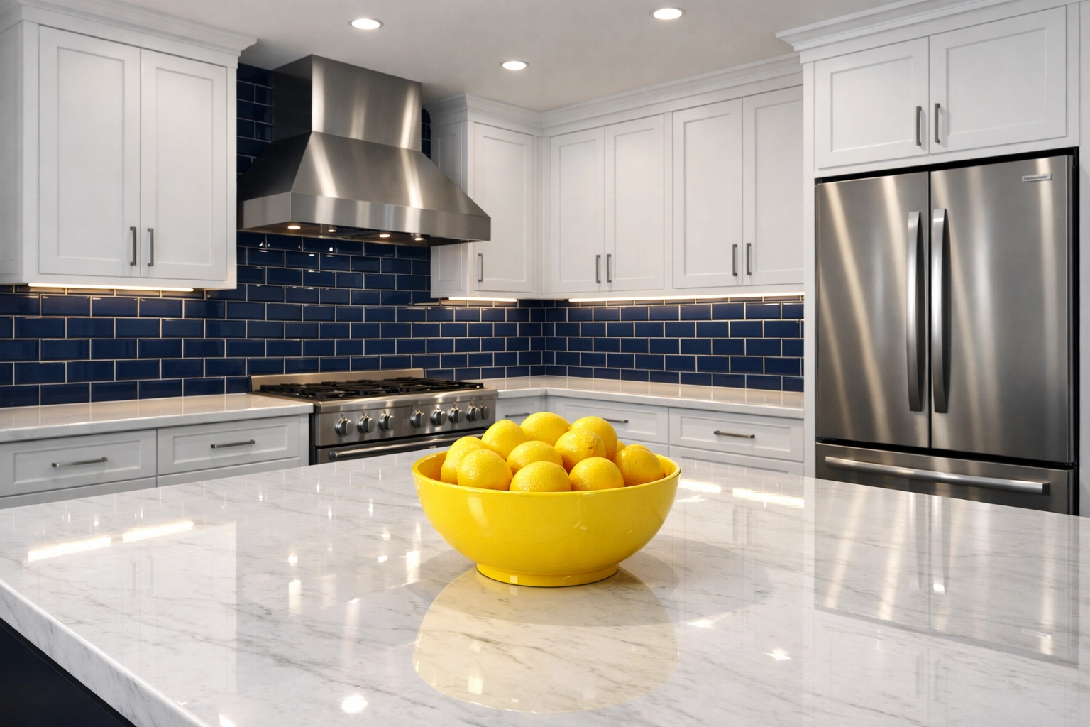 A sparkling clean kitchen with marble countertops maintained by weekly house cleaning in Maynard.