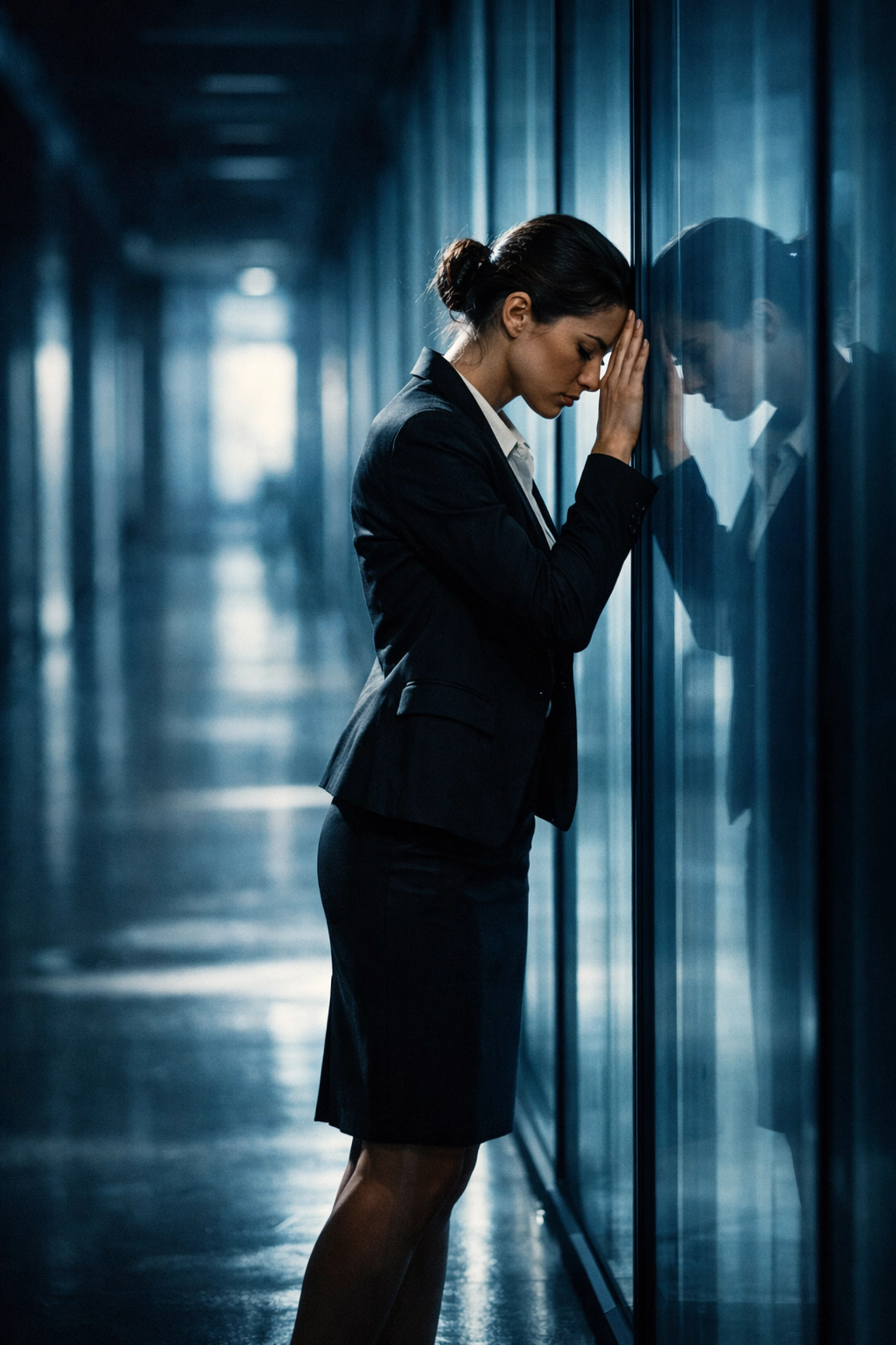 Stressed woman in business attire leaning against glass, illustrating the need for mindset coaching for burnout.