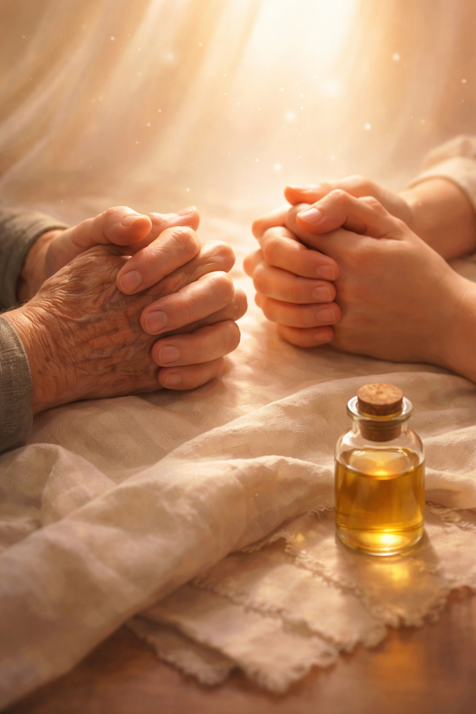 Hands of two people clasped in prayer with oil, illustrating connection and faith in healing