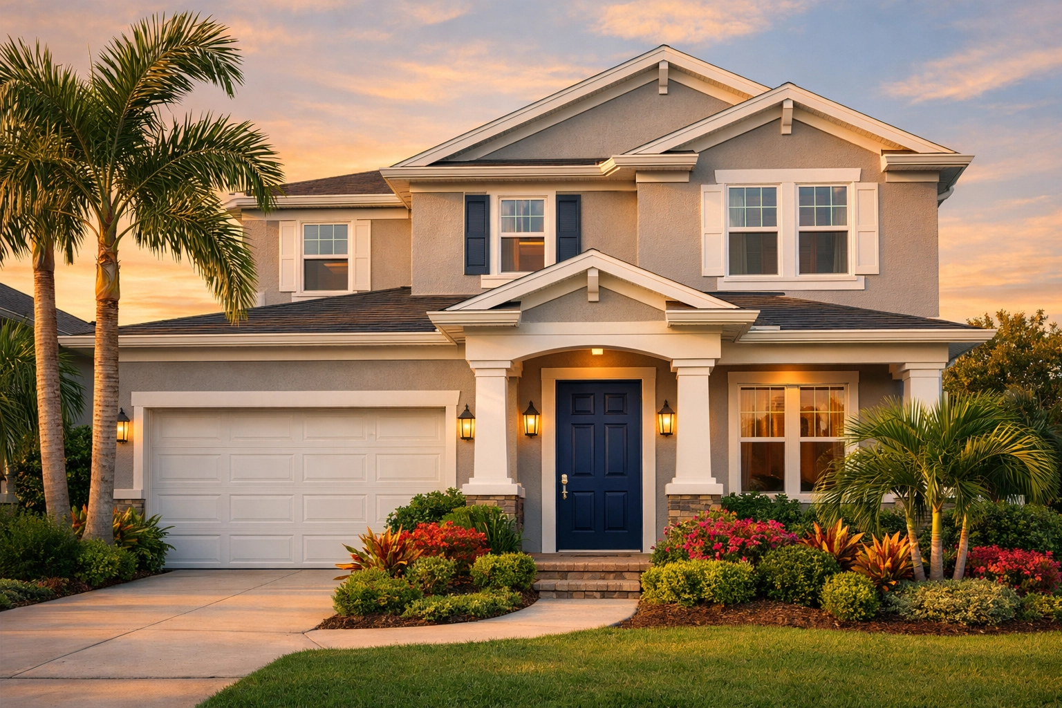 Orlando home exterior with gray paint, white trim, and navy door showcasing curb appeal
