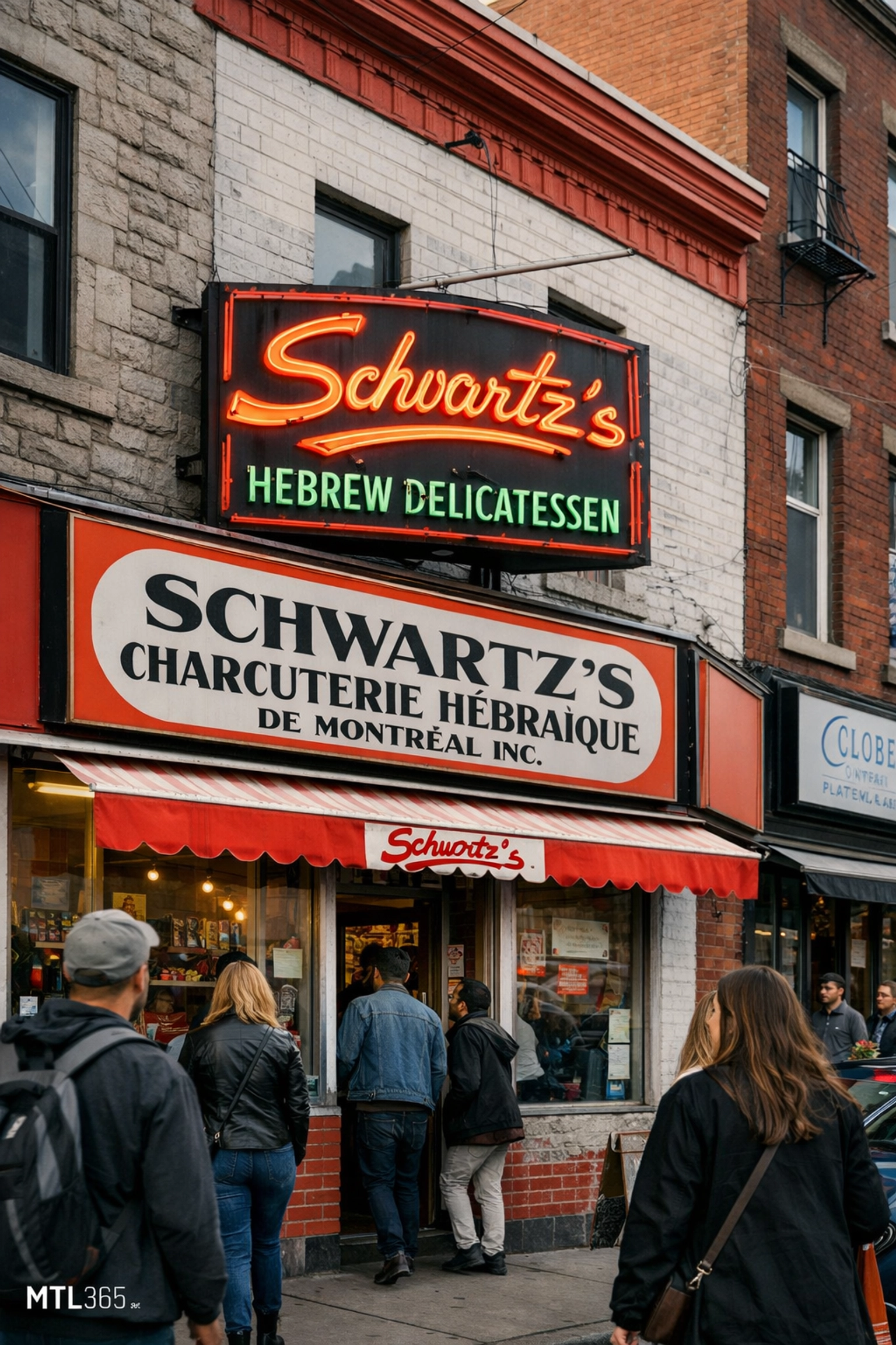 Famous Schwartz's Deli exterior and neon sign on Saint-Laurent Boulevard in Montreal.