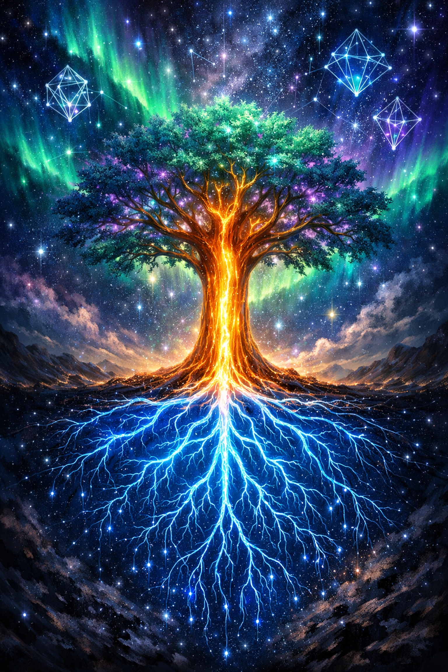 A cosmic Tree of Life with roots shaped like a nervous system, symbolizing grounded leadership and high performance.