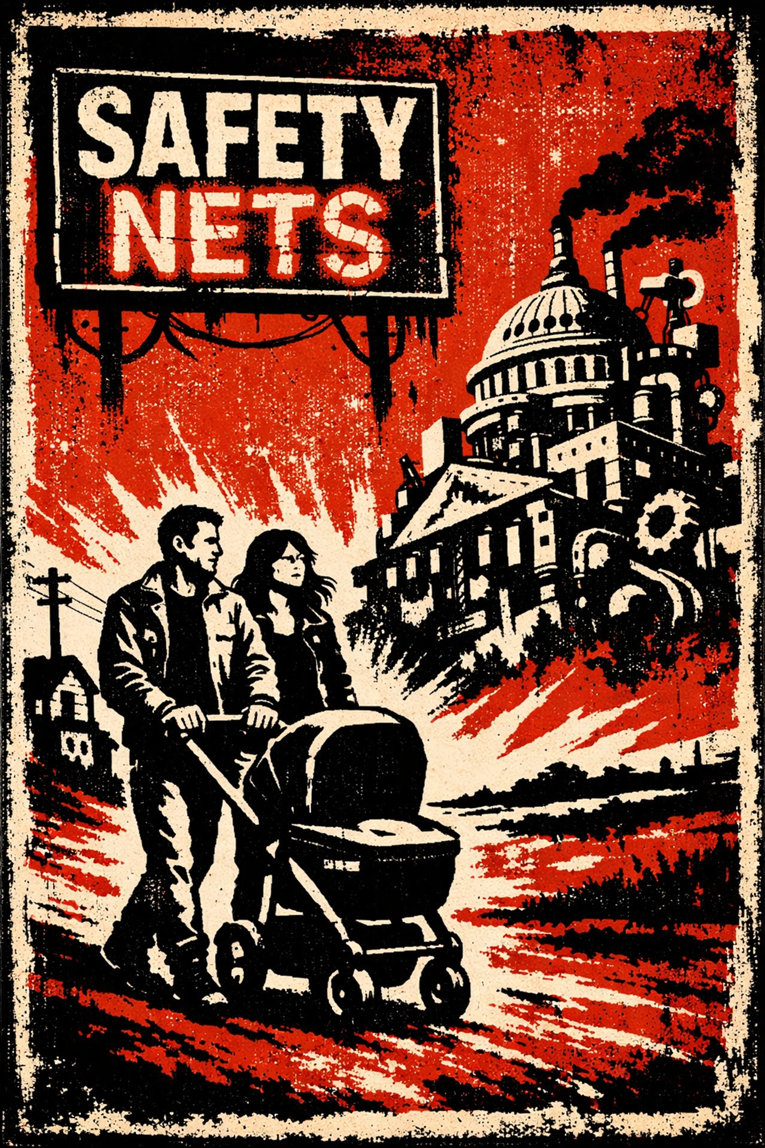 Independent young couple with a baby stroller choosing personal accountability over state systems.