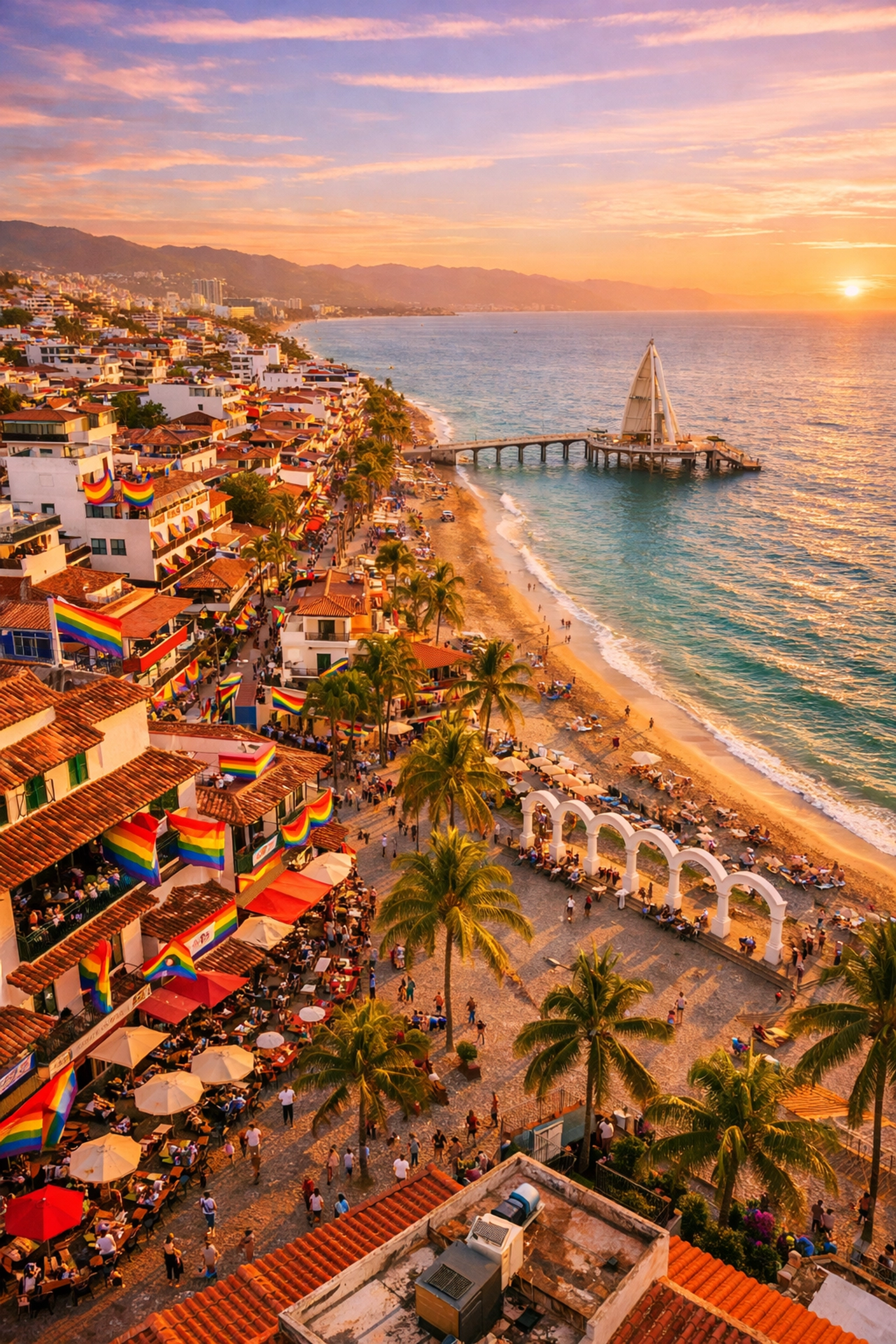 Aerial view of Puerto Vallarta's Zona Romantica gay district with rainbow flags at sunset