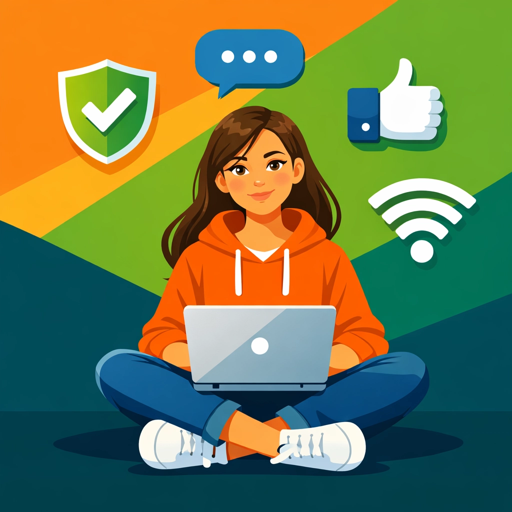 Teen girl learning digital safety and online literacy skills on laptop