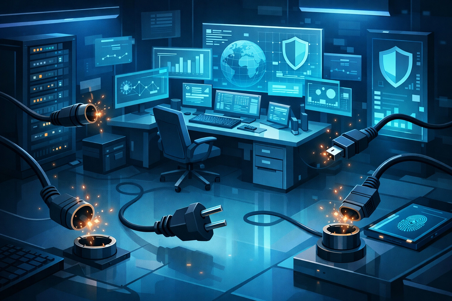 Digital control center with unplugged cables representing poorly implemented cybersecurity tools.