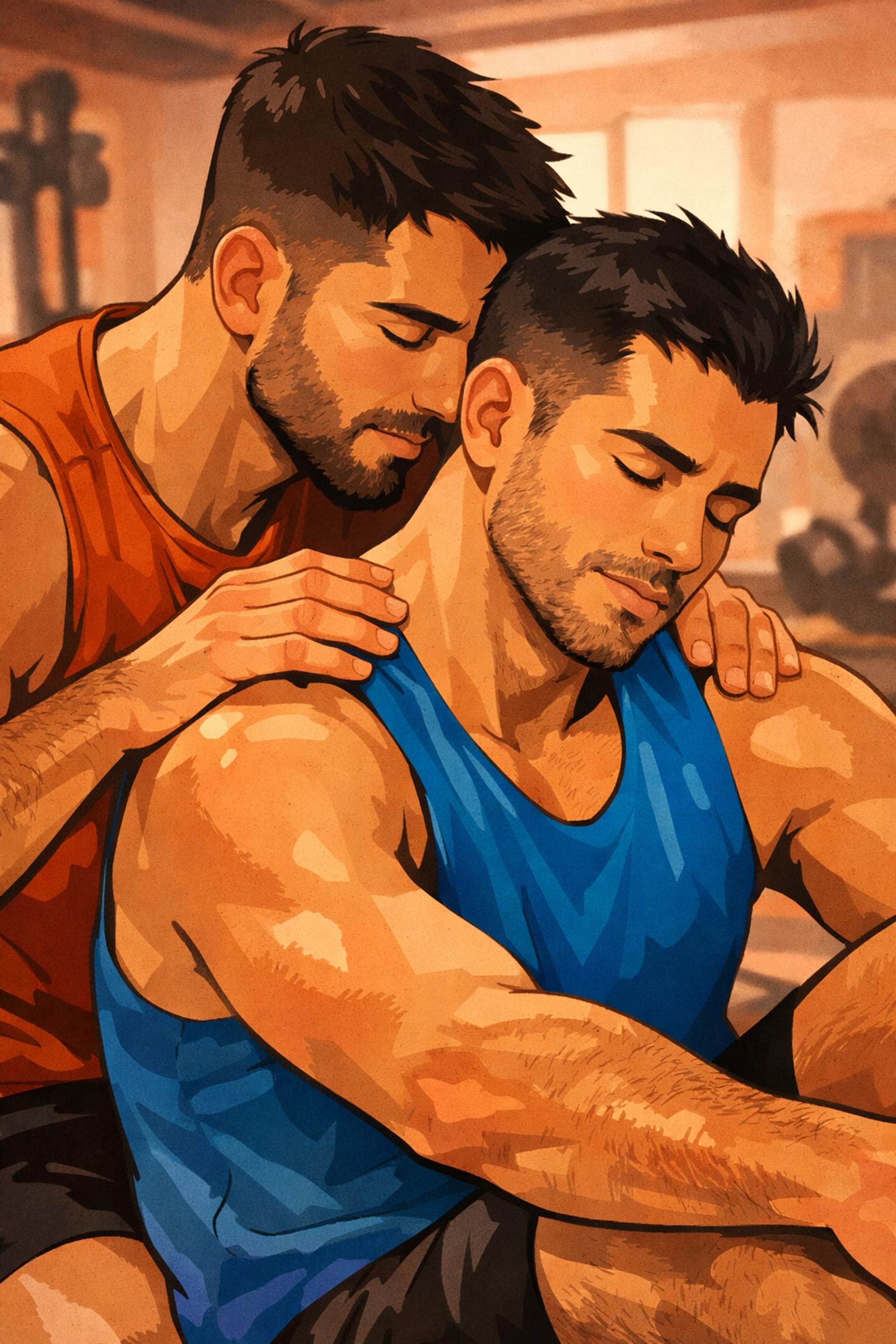Trainer and client during post-workout stretch - private session MM romance