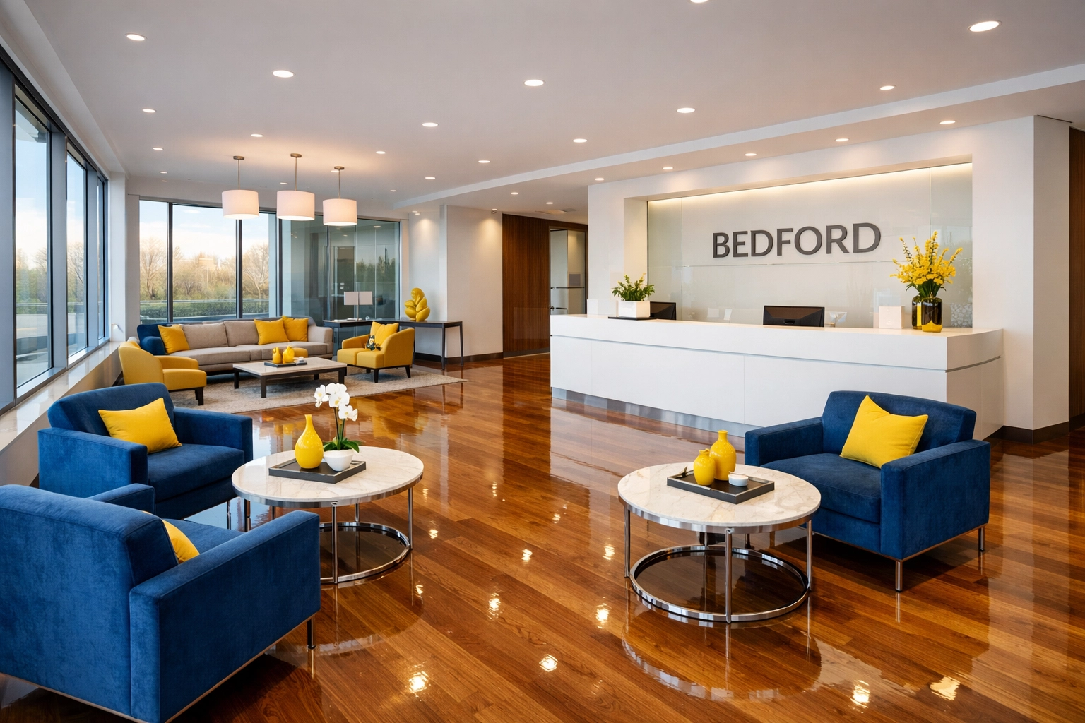Professional commercial cleaning of a modern Bedford office reception area with polished hardwood floors.