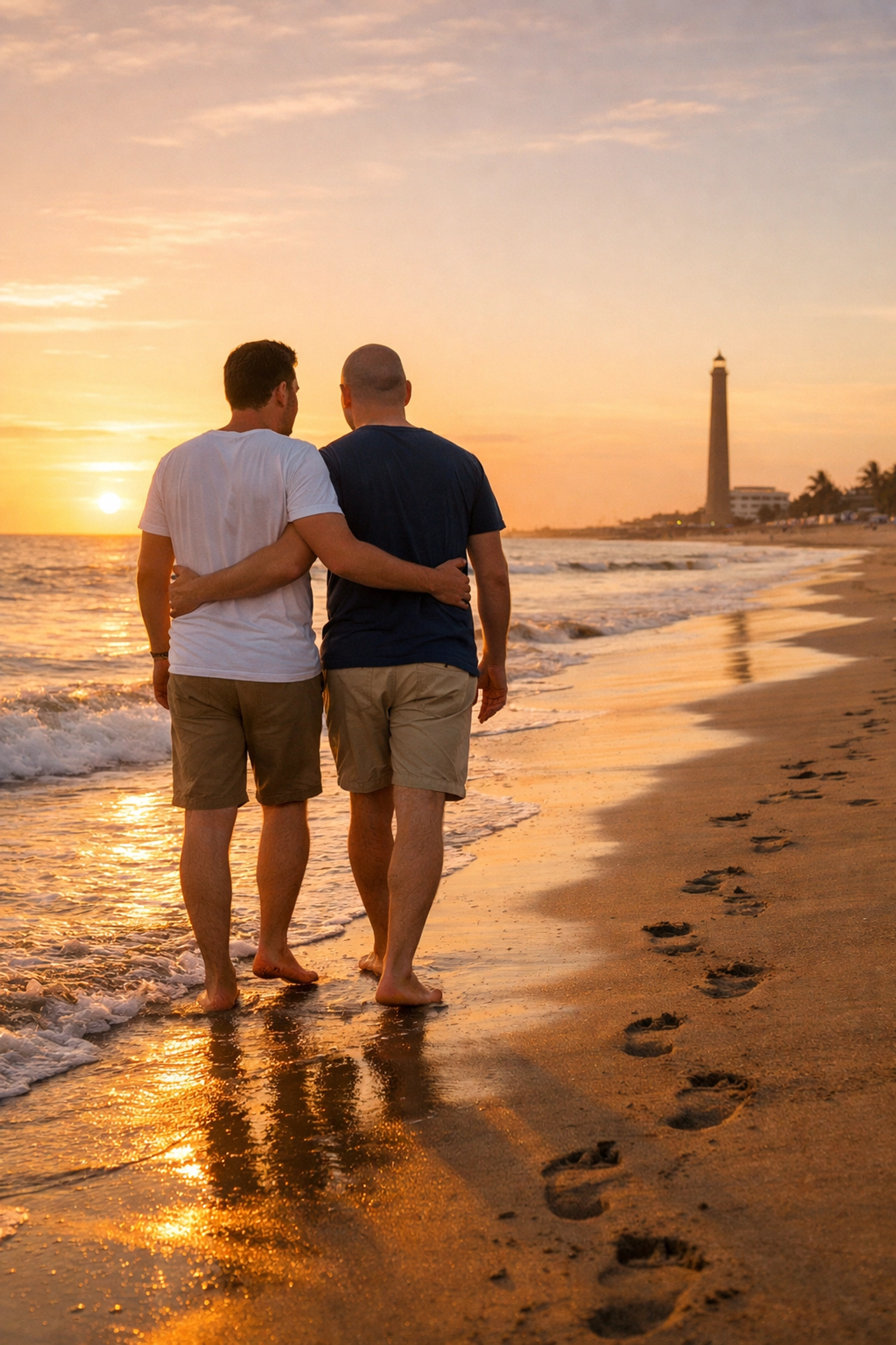 Gay couple walking toward Maspalomas lighthouse at sunset, Gran Canaria LGBTQ+ beach destination