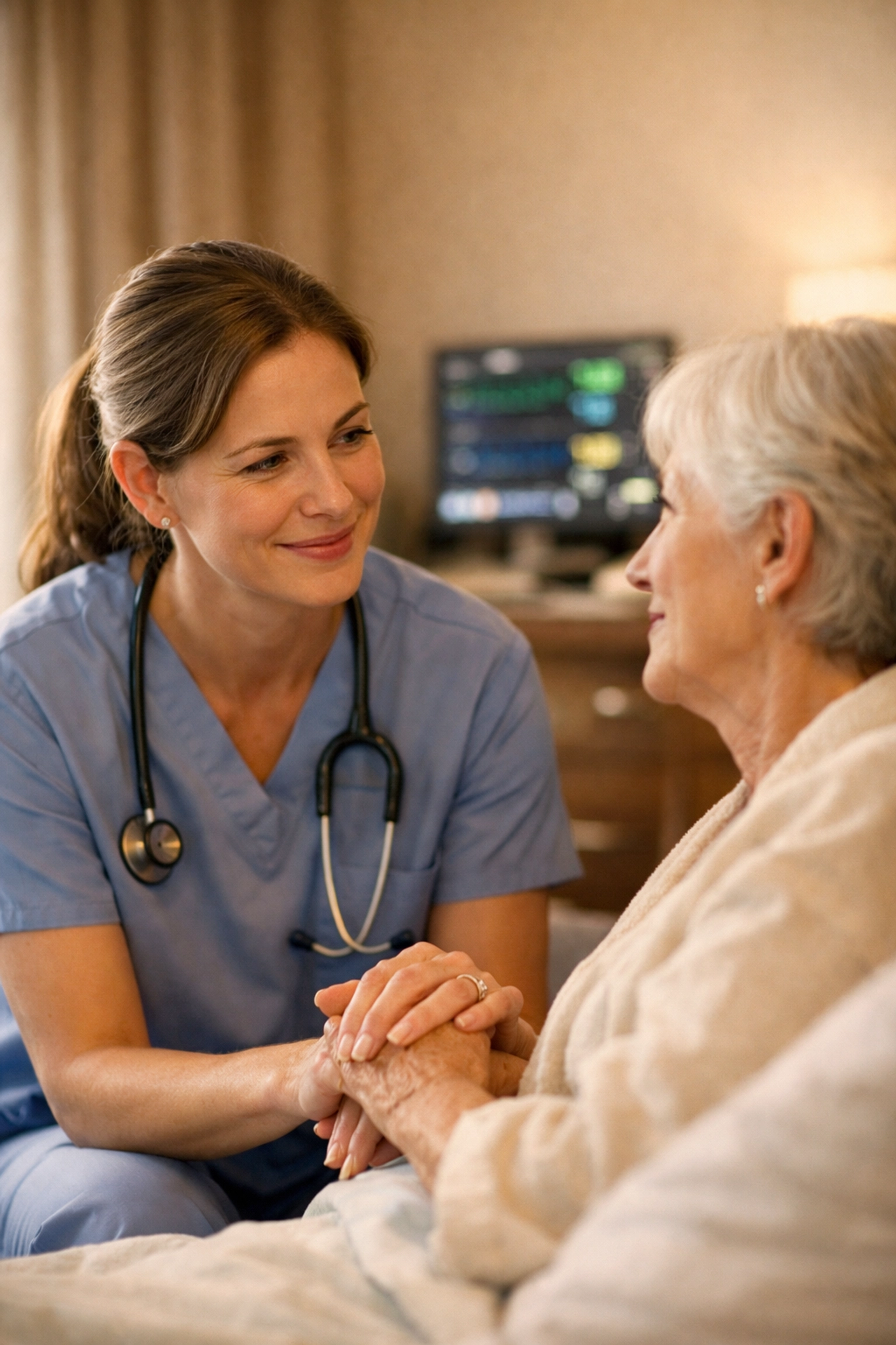 A nurse holding a patient’s hand, showing the importance of human presence and hospitality in healthcare.