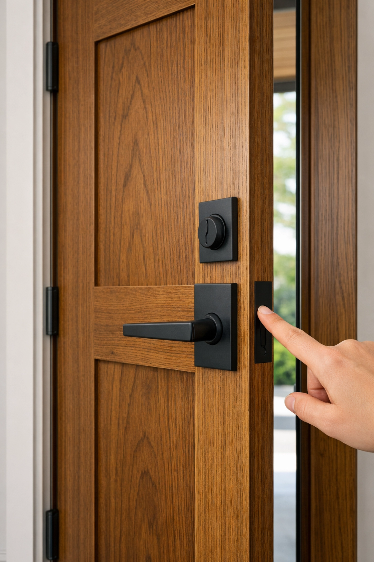 A person testing a residential wood door for alignment and hinge friction in a GTA home.