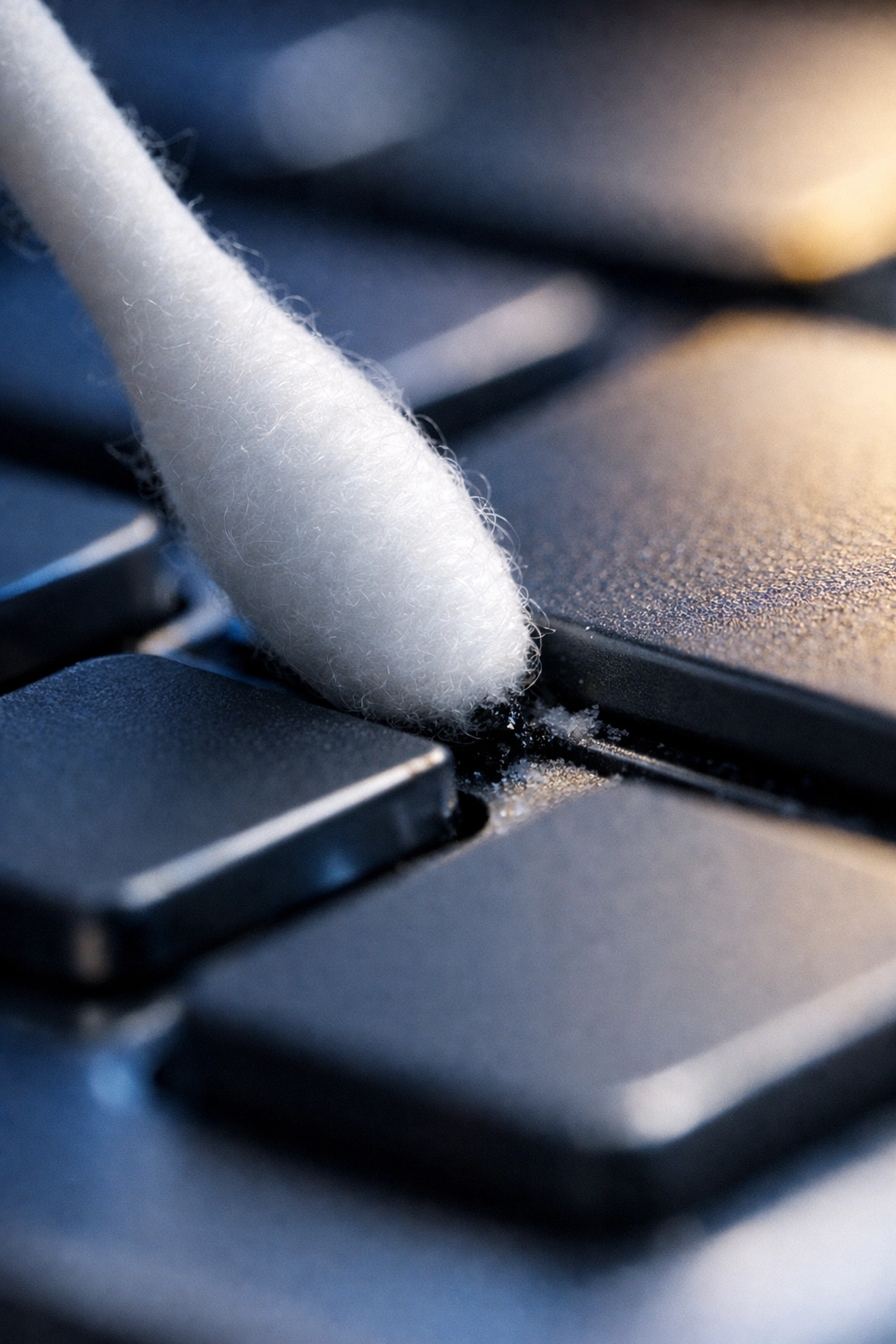 Close-up of a cotton swab cleaning away germs and dirt from the crevices of a computer keyboard.