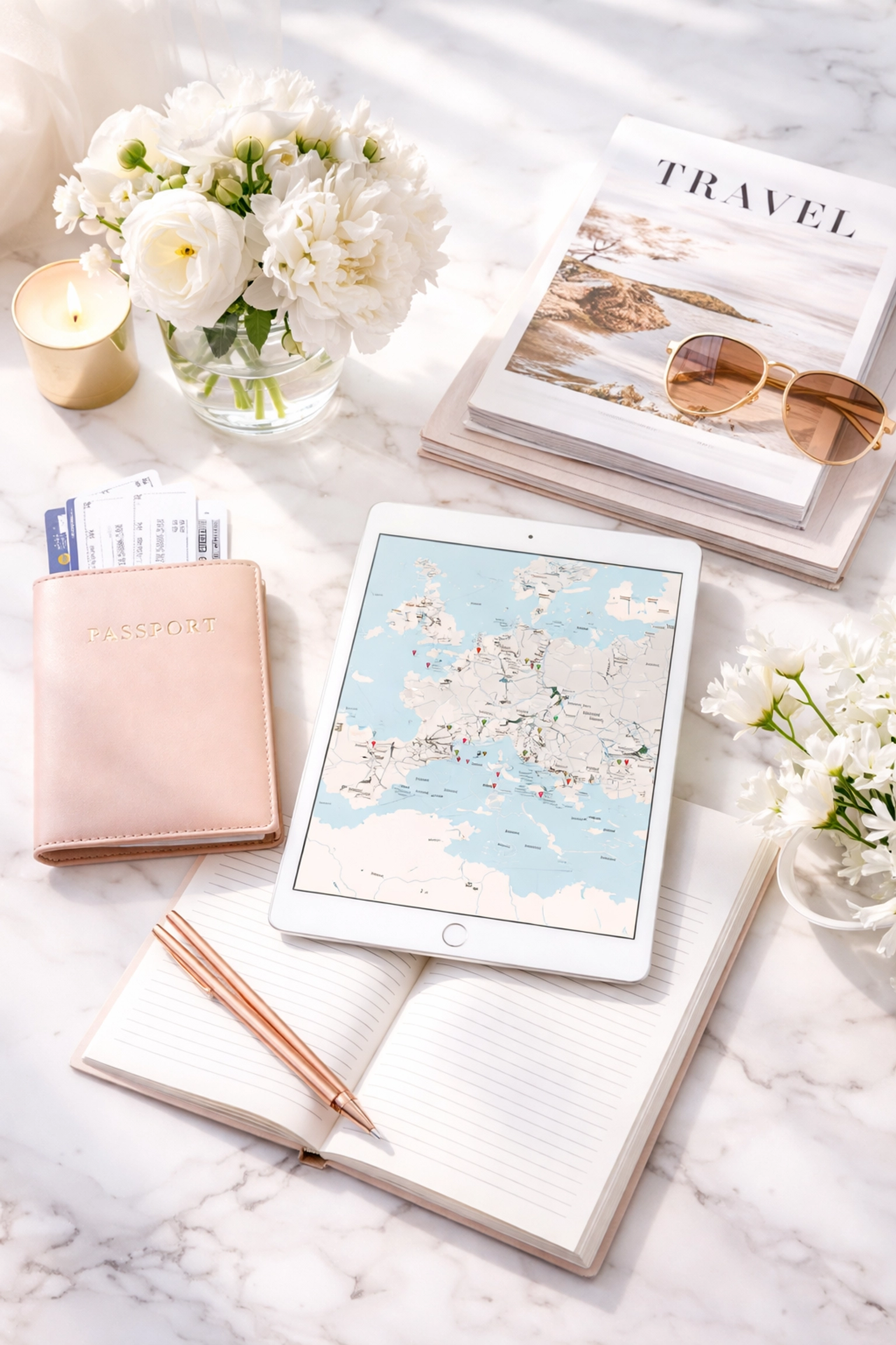 Organized luxury travel essentials on a marble table, showcasing stress-free trip planning and calm preparation
