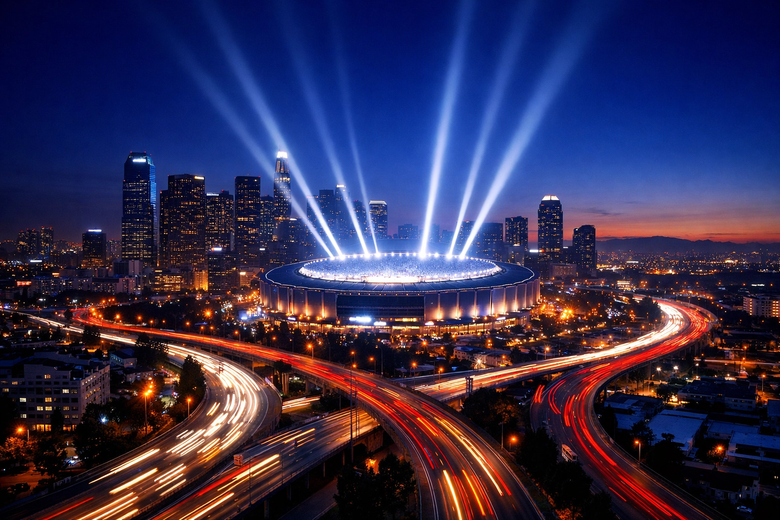 Host city skyline and glowing sports stadium at night representing a Super Bowl brand blitz.