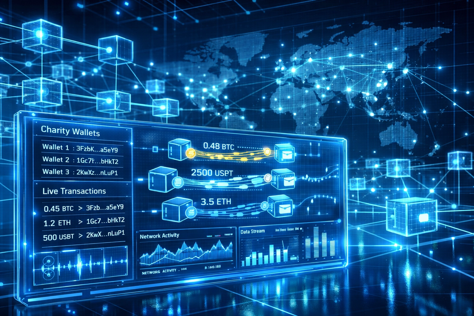 LareScan blockchain explorer displaying real-time charity wallet transactions and impact tracking