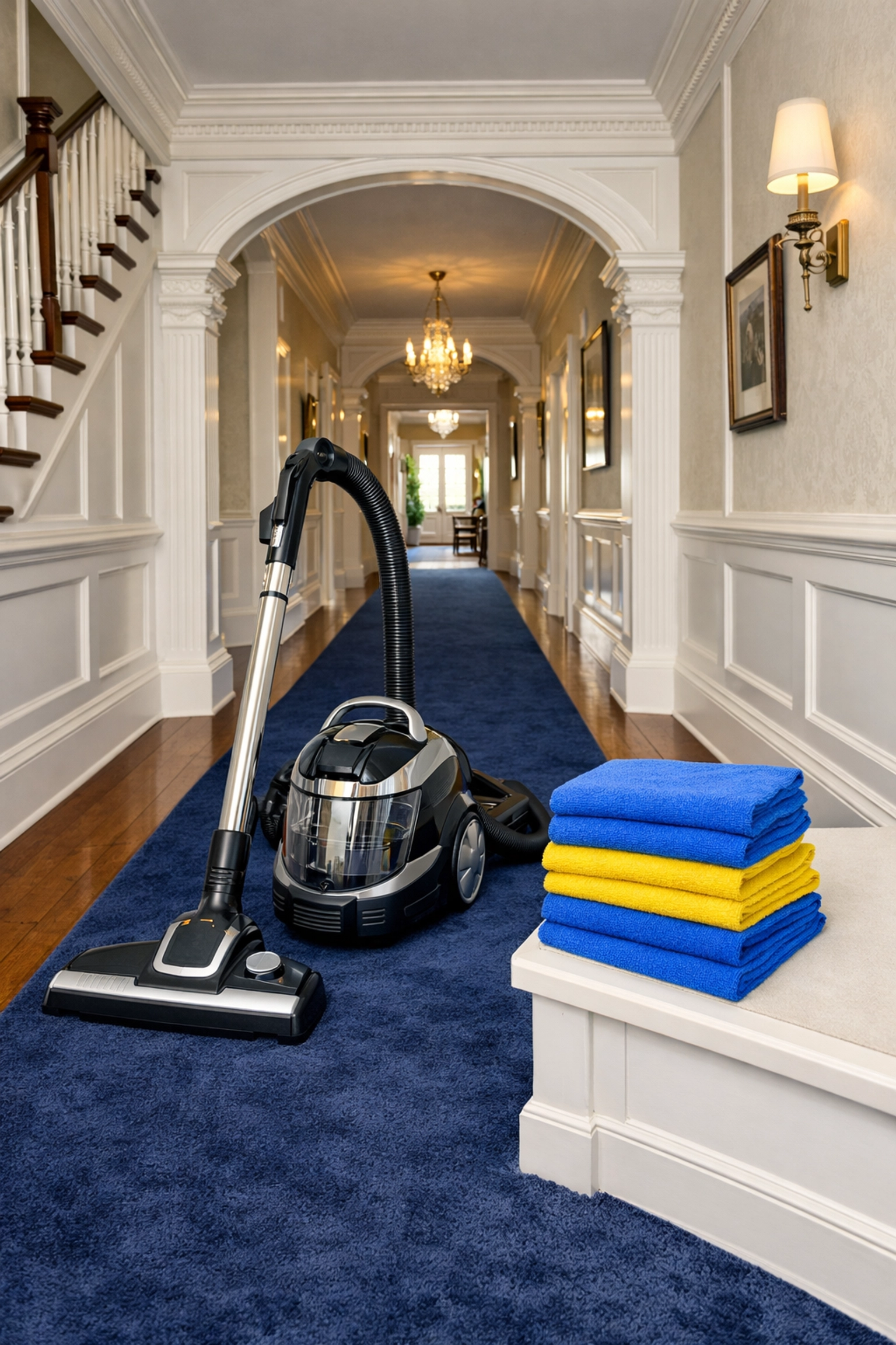 Professional cleaning tools and microfibers highlighting ninja-level Marblehead cleaning secrets in a hallway.