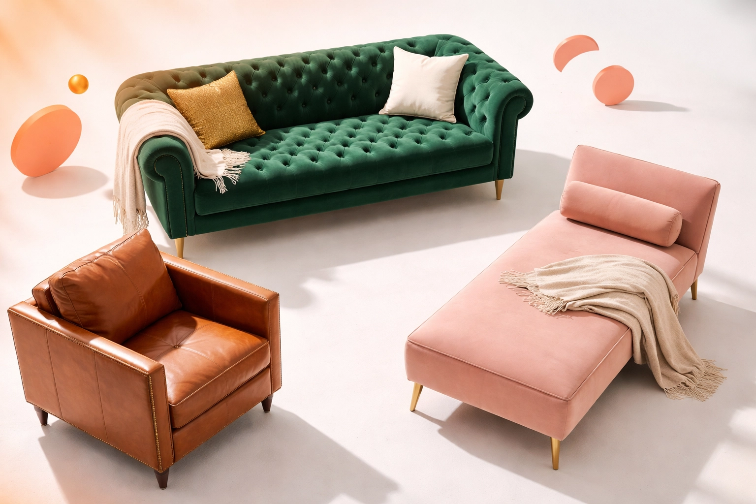 Luxury lounge furniture options including emerald velvet sofa, leather club chair, and blush chaise for upscale event seating