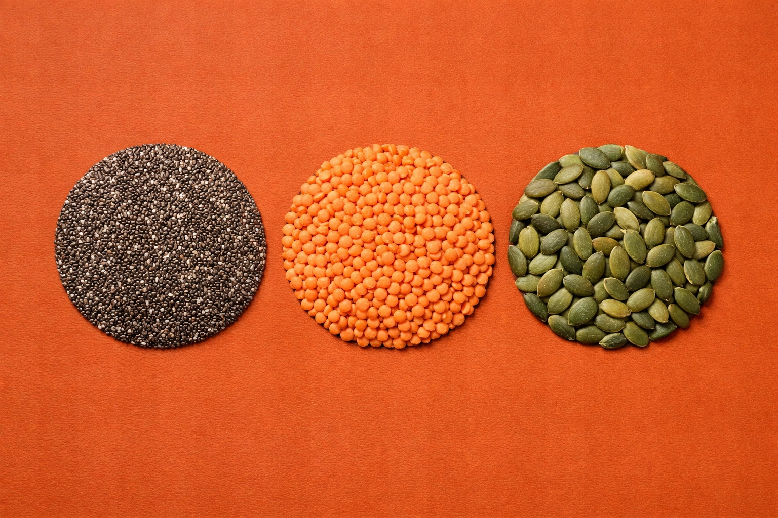 Geometric arrangement of prebiotic seeds and legumes highlighting fiber-maxxing for gut health.