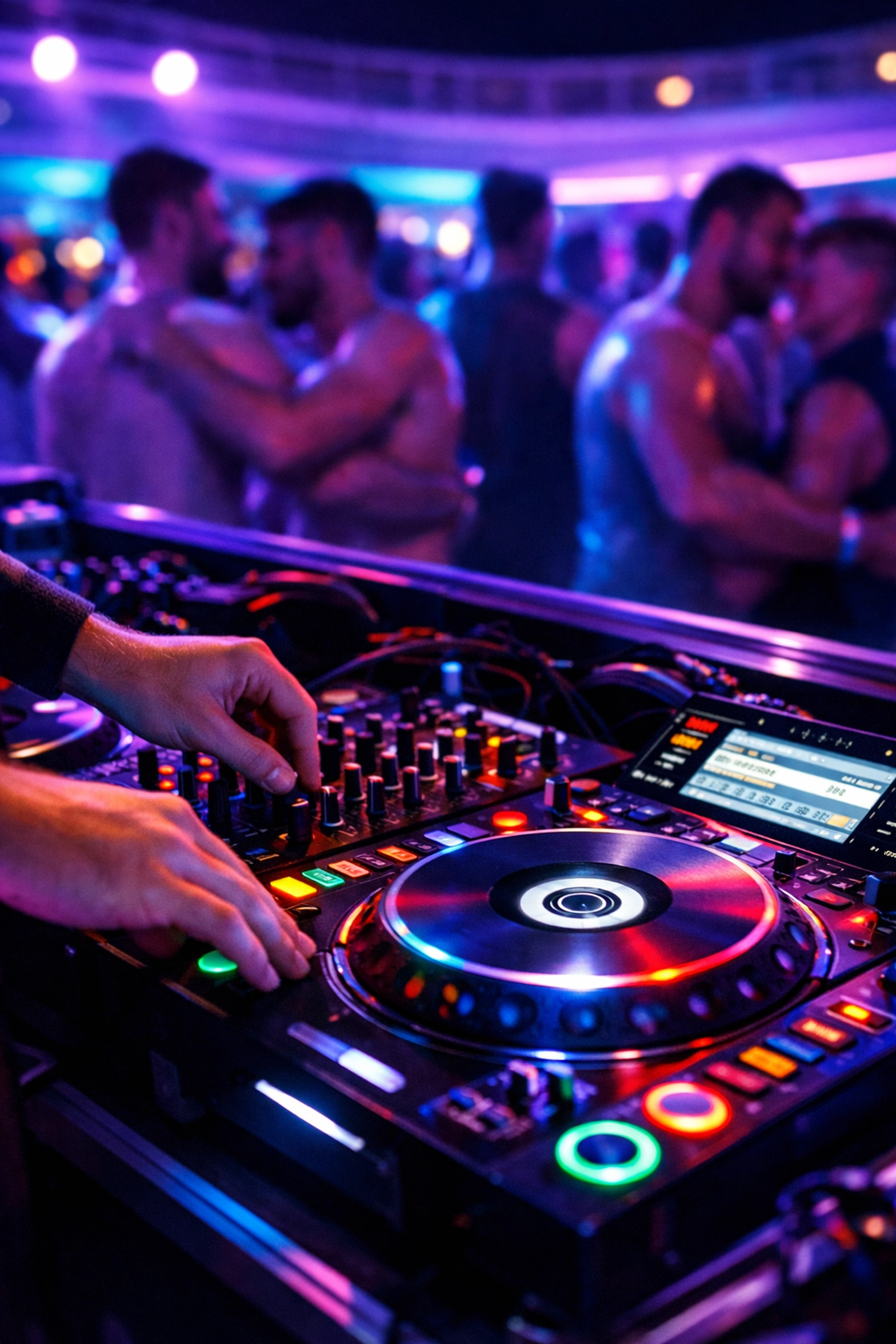DJ mixing tracks at LGBTQ+ cruise ship disco with dancers in background