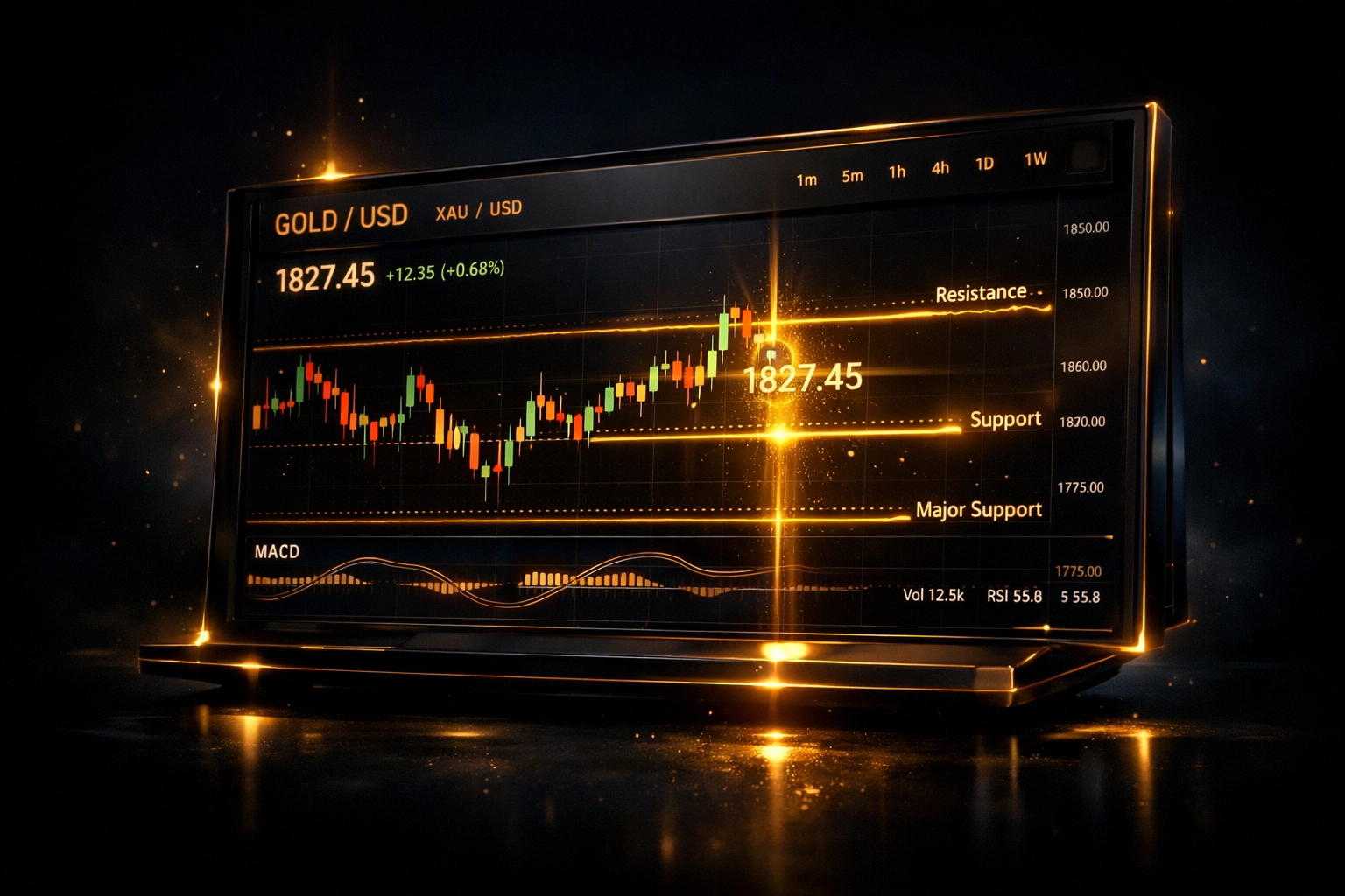 Gold XAU/USD trading dashboard showing candlestick charts with key support and resistance price levels