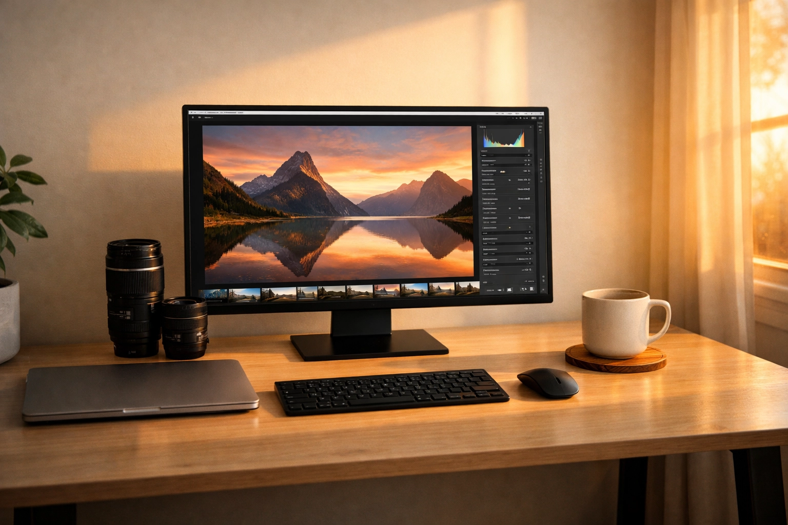 Minimalist photography office workspace with a monitor and camera gear during a productive editing session.