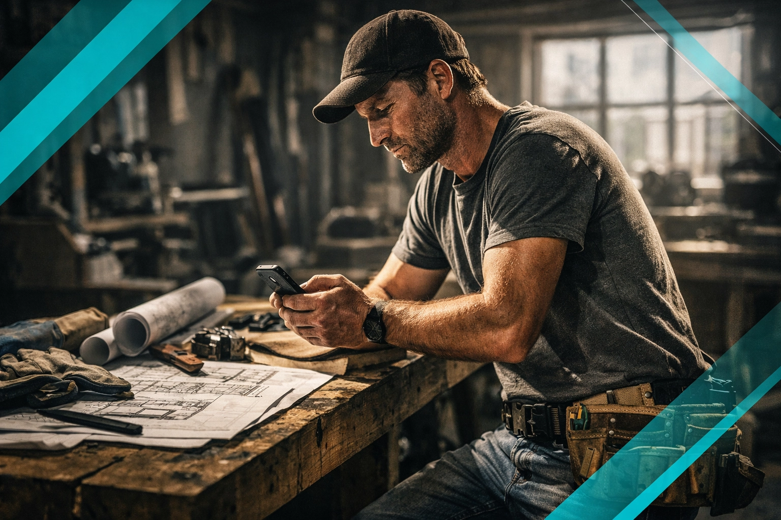 A professional contractor testing their mobile website on a smartphone at a workbench with blueprints.