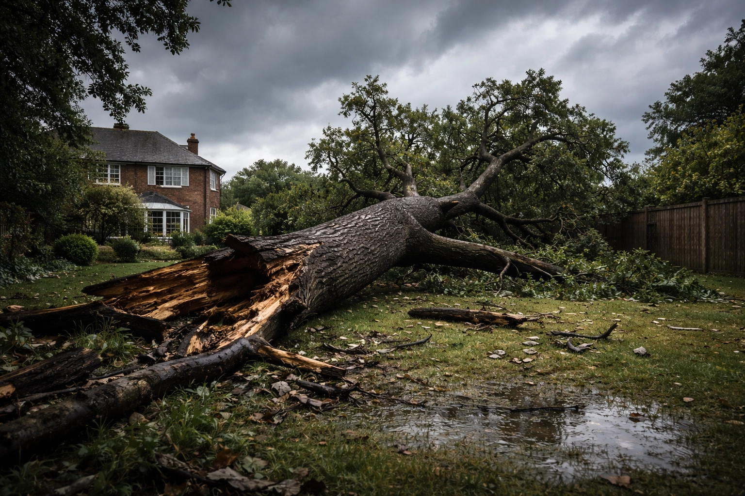 Large oak tree fallen on a British garden lawn after storm damage with broken branches visible
