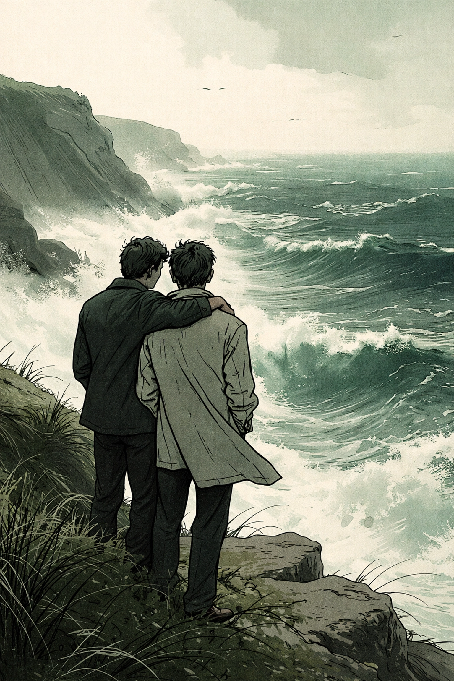 Two men embracing on a seaside cliff, representing North Sea Fires MM bisexual romance novel